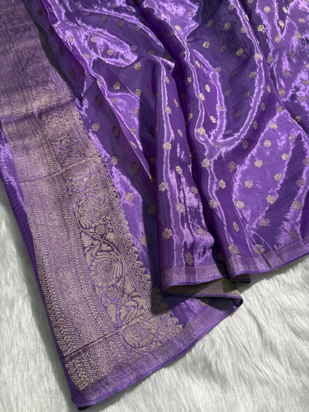 Violet Shades Bandhej Stripe Pattern With Contrast Border Crepe Silky Katan Banarasi Saree