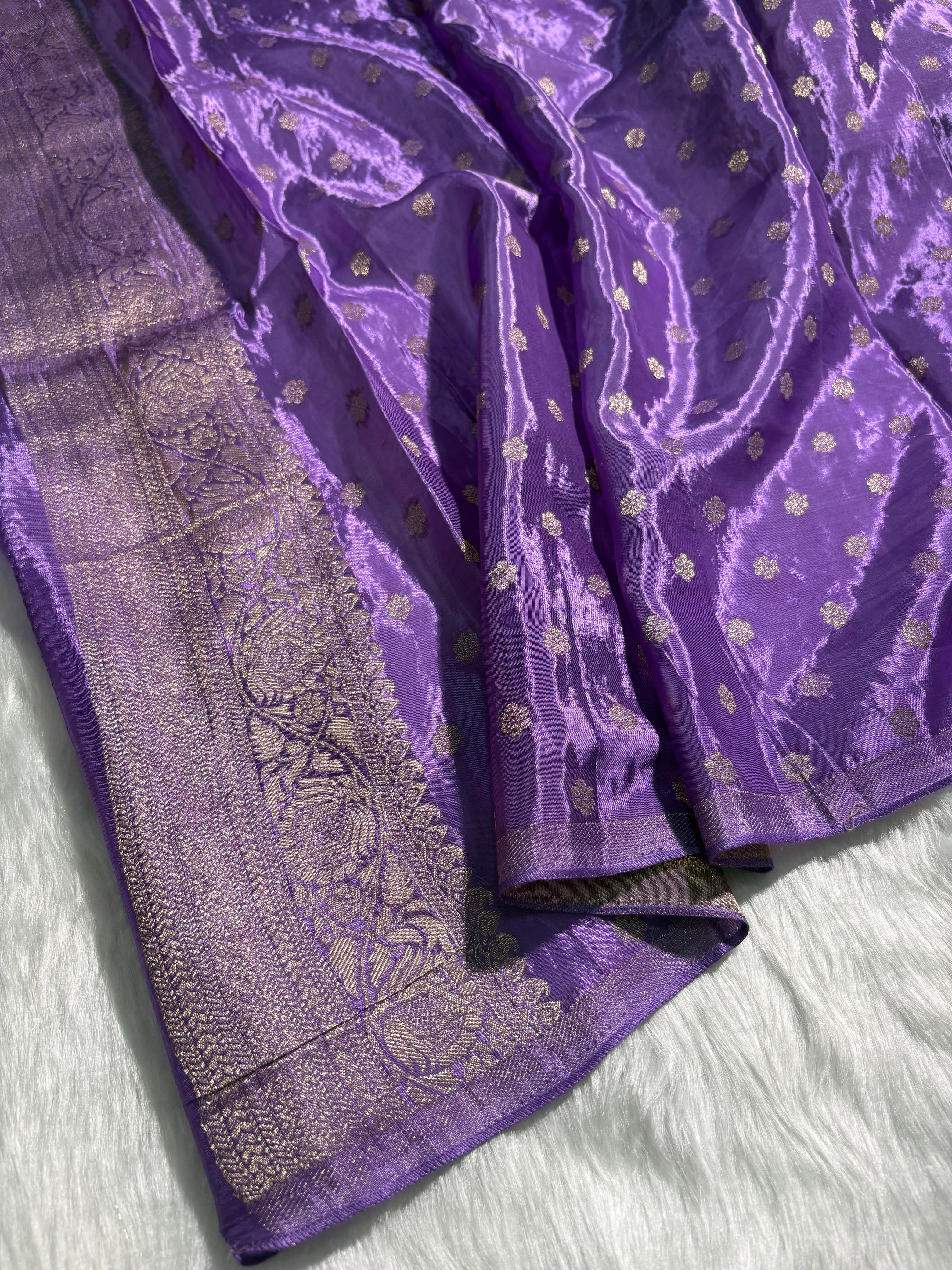 Violet Shades Bandhej Stripe Pattern With Contrast Border Crepe Silky Katan Banarasi Saree