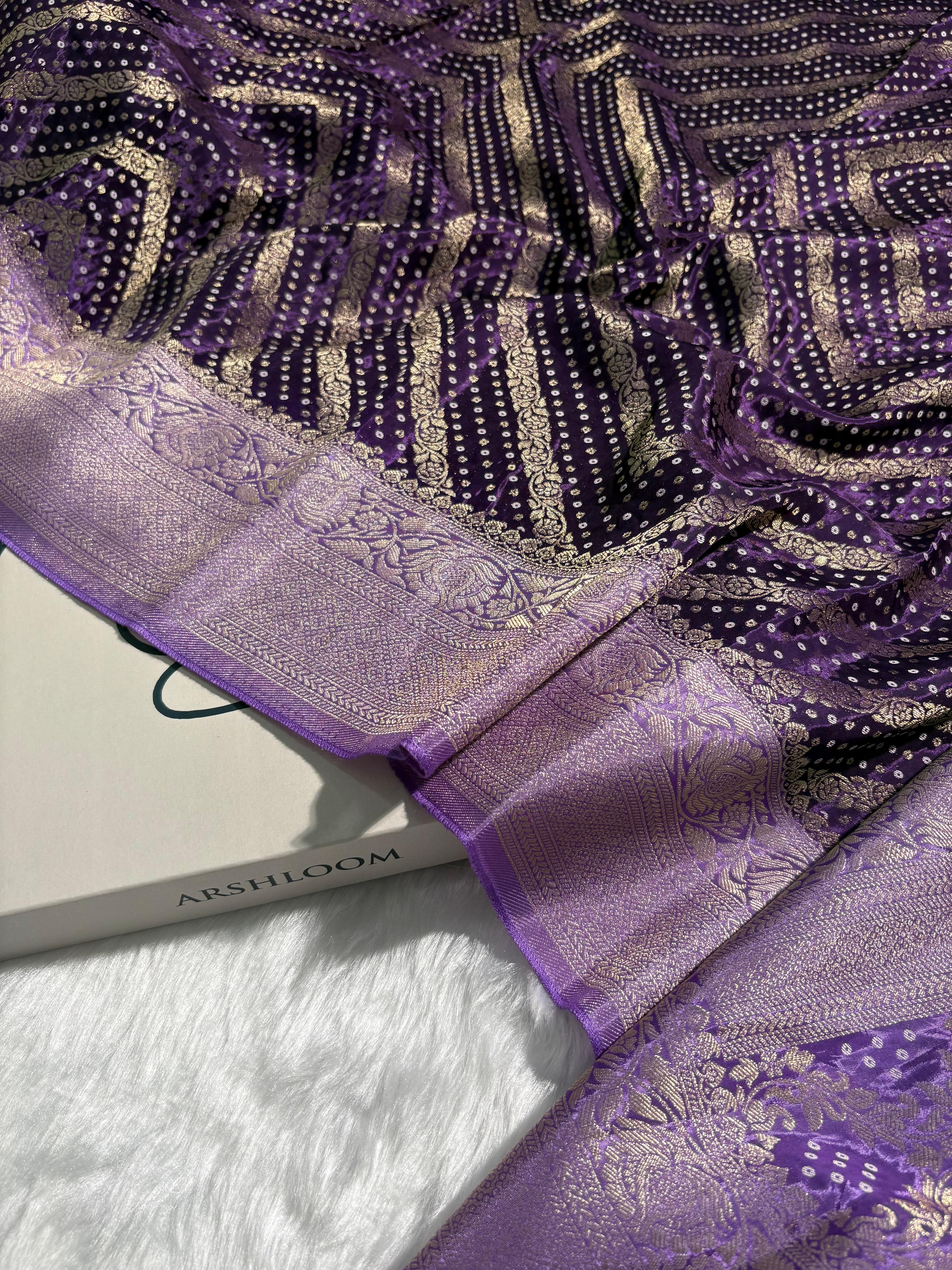 Violet Shades Bandhej Stripe Pattern With Contrast Border Crepe Silky Katan Banarasi Saree