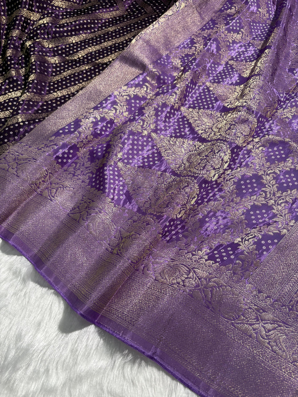 Violet Shades Bandhej Stripe Pattern With Contrast Border Crepe Silky Katan Banarasi Saree