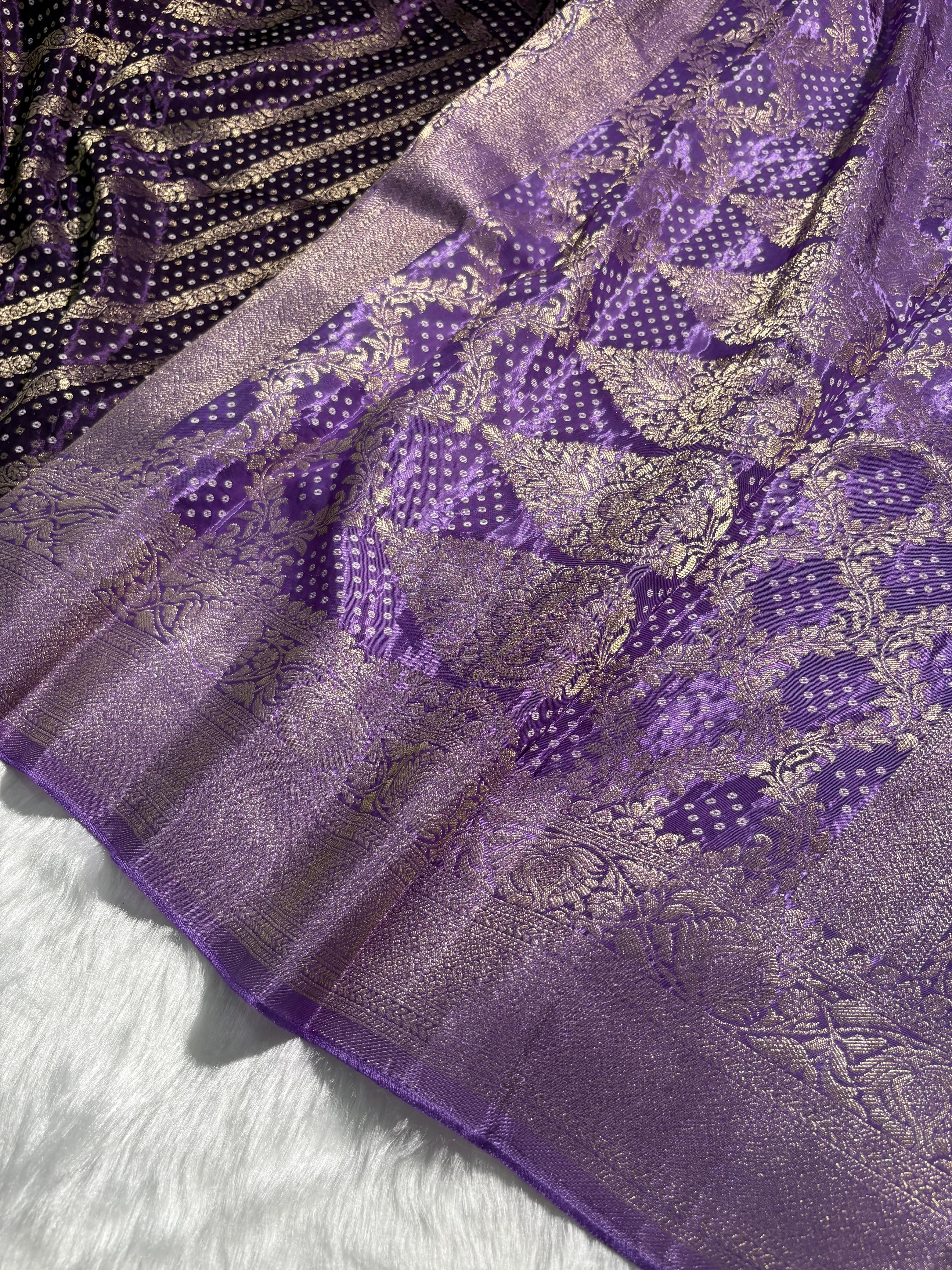 Violet Shades Bandhej Stripe Pattern With Contrast Border Crepe Silky Katan Banarasi Saree