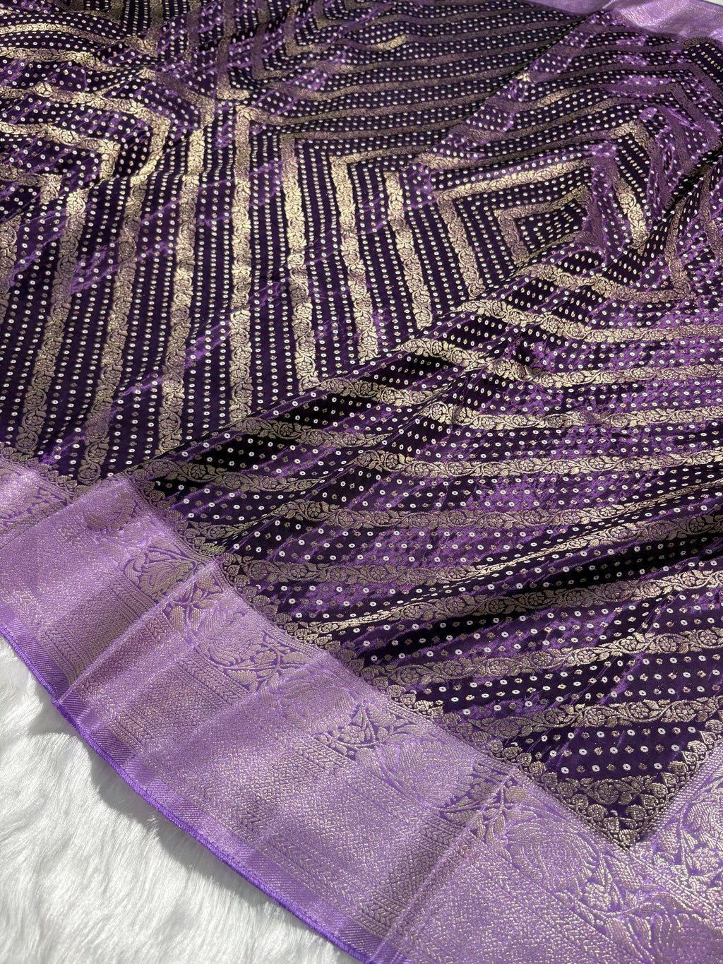Violet Shades Bandhej Stripe Pattern With Contrast Border Crepe Silky Katan Banarasi Saree