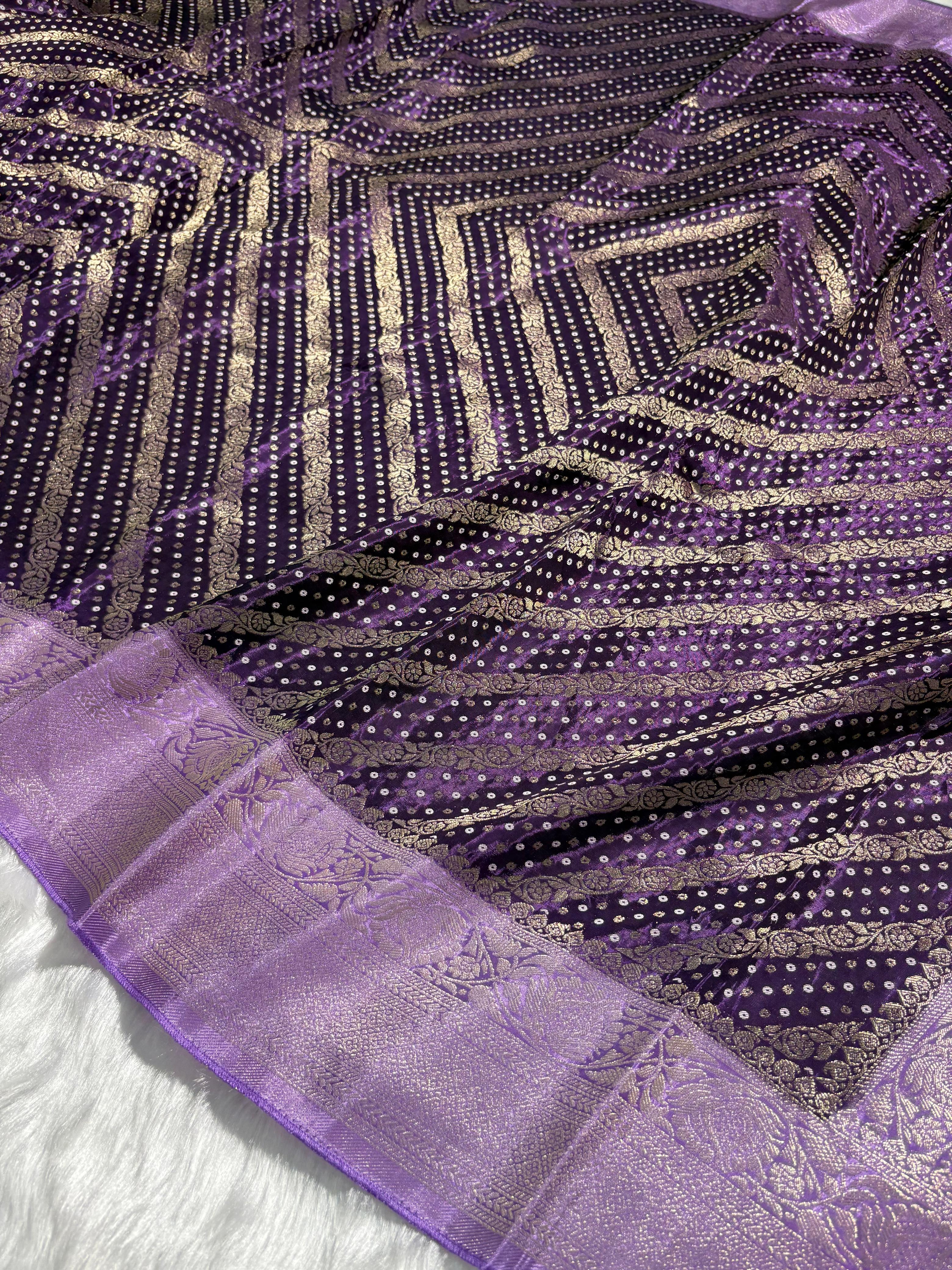 Violet Shades Bandhej Stripe Pattern With Contrast Border Crepe Silky Katan Banarasi Saree