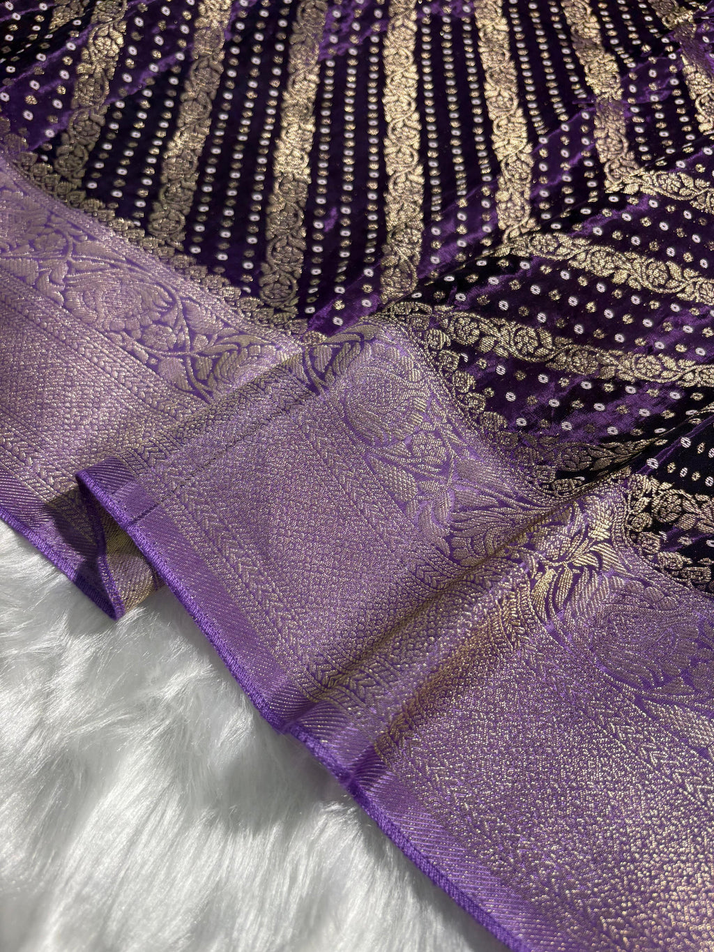 Violet Shades Bandhej Stripe Pattern With Contrast Border Crepe Silky Katan Banarasi Saree