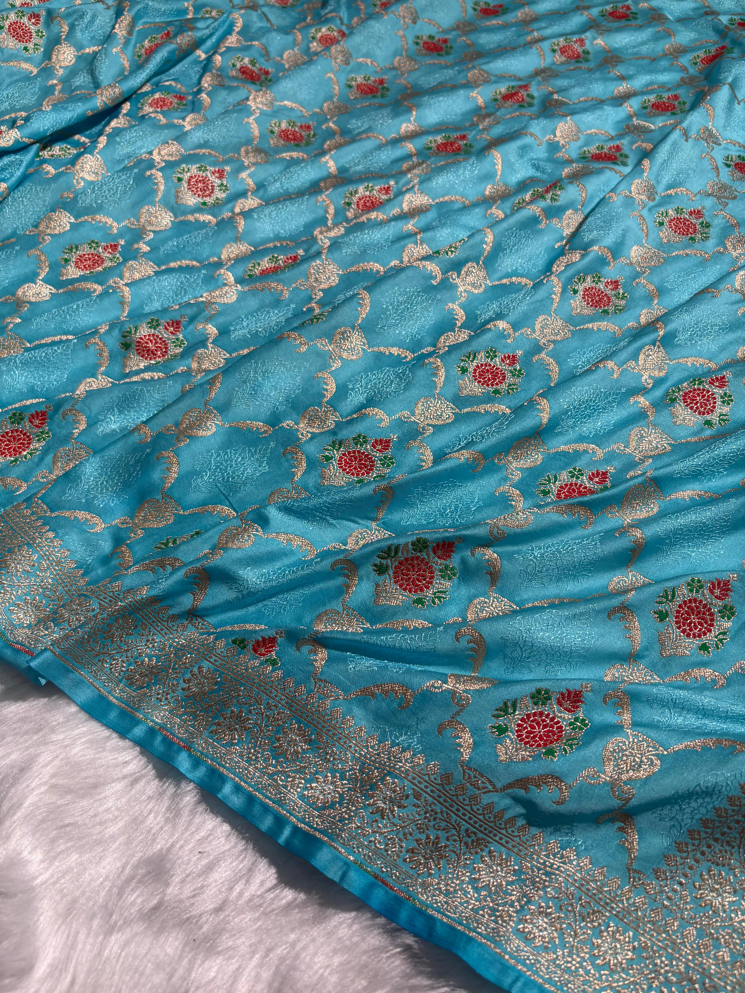 Firozi Minakari Banarasi Jaal Pattern Mashru Silk Saree