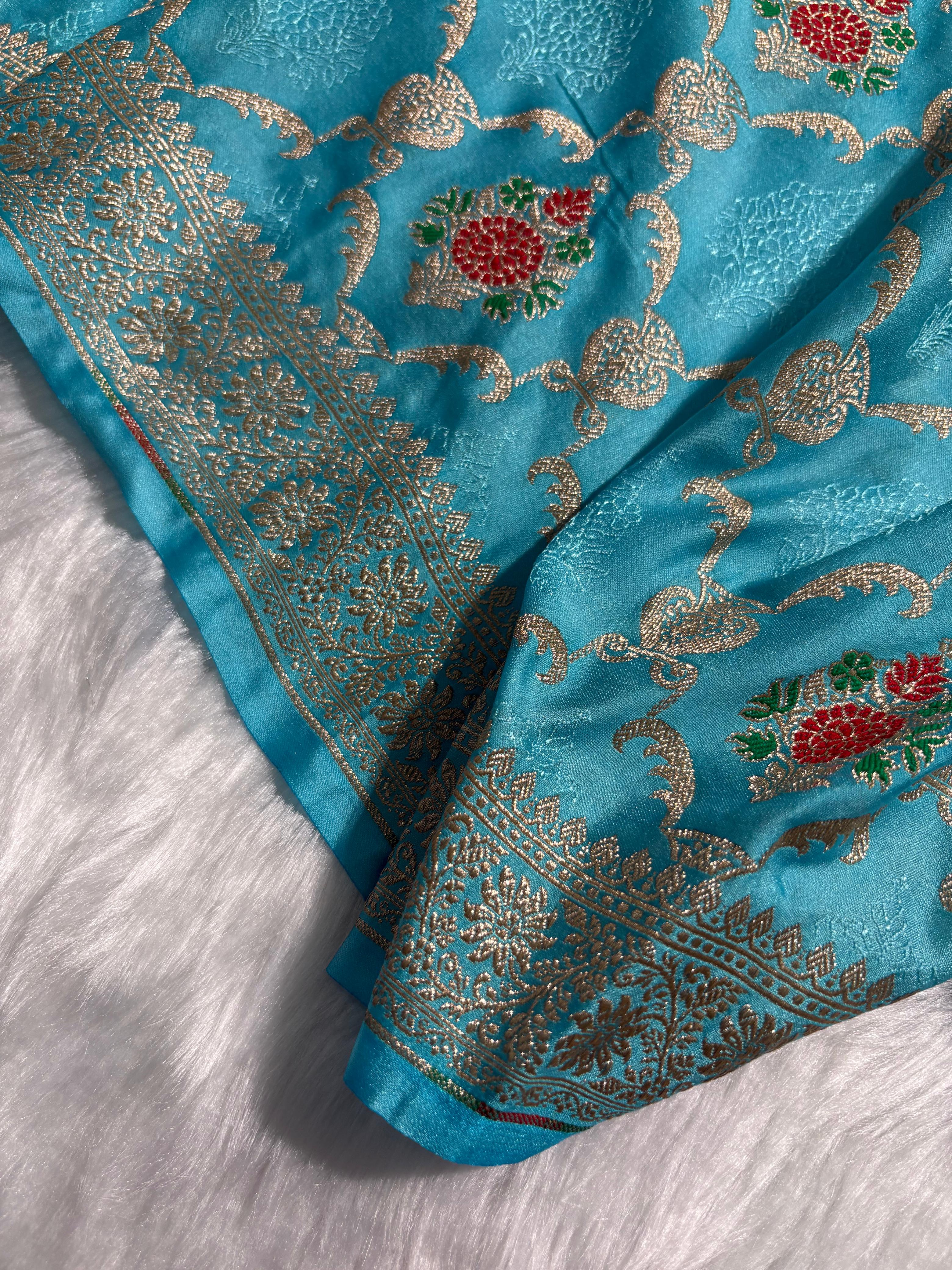 Firozi Minakari Banarasi Jaal Pattern Mashru Silk Saree
