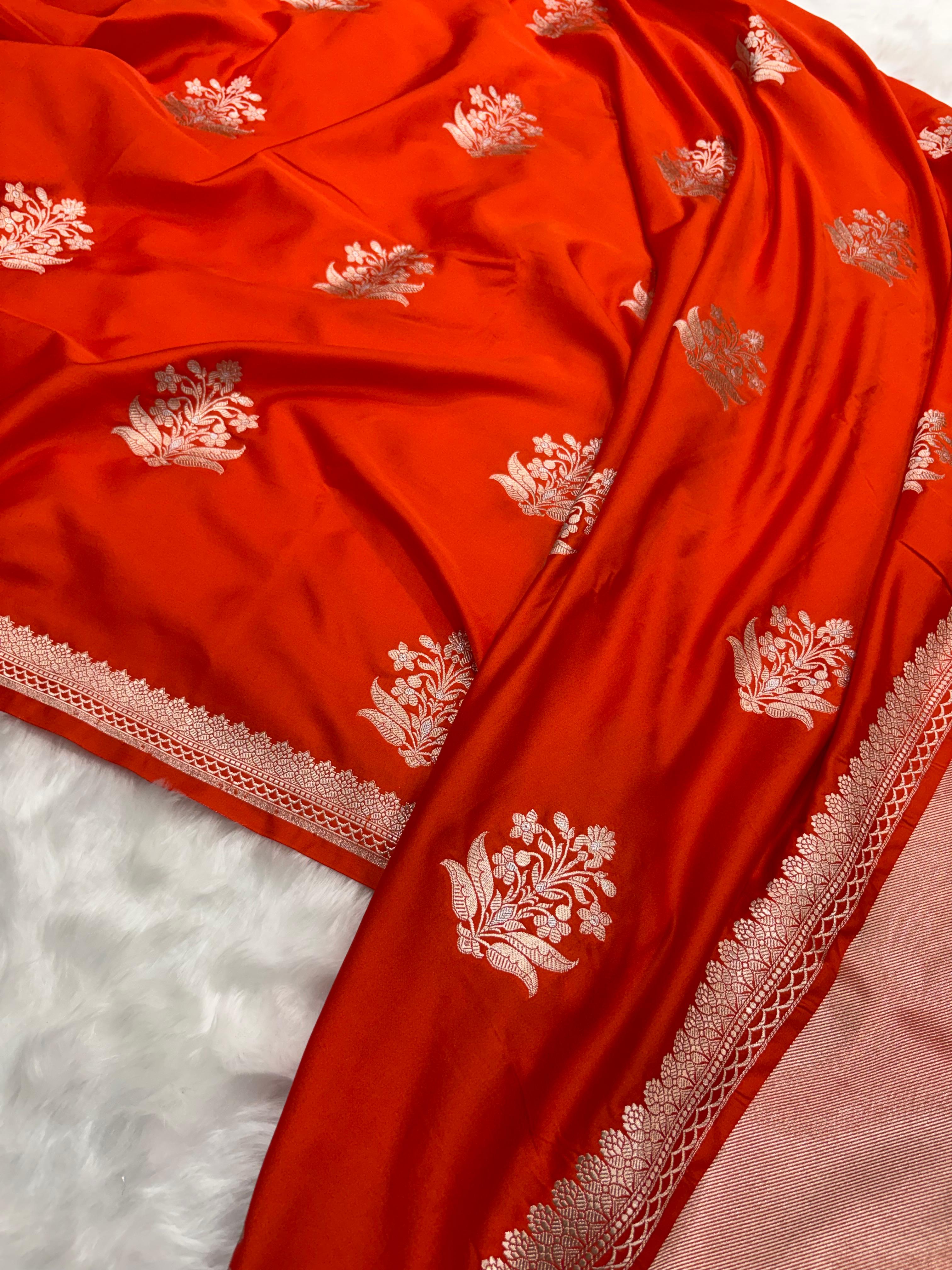 Orange Shades Banarasi Floral Boota Pattern Mashru Silk Saree