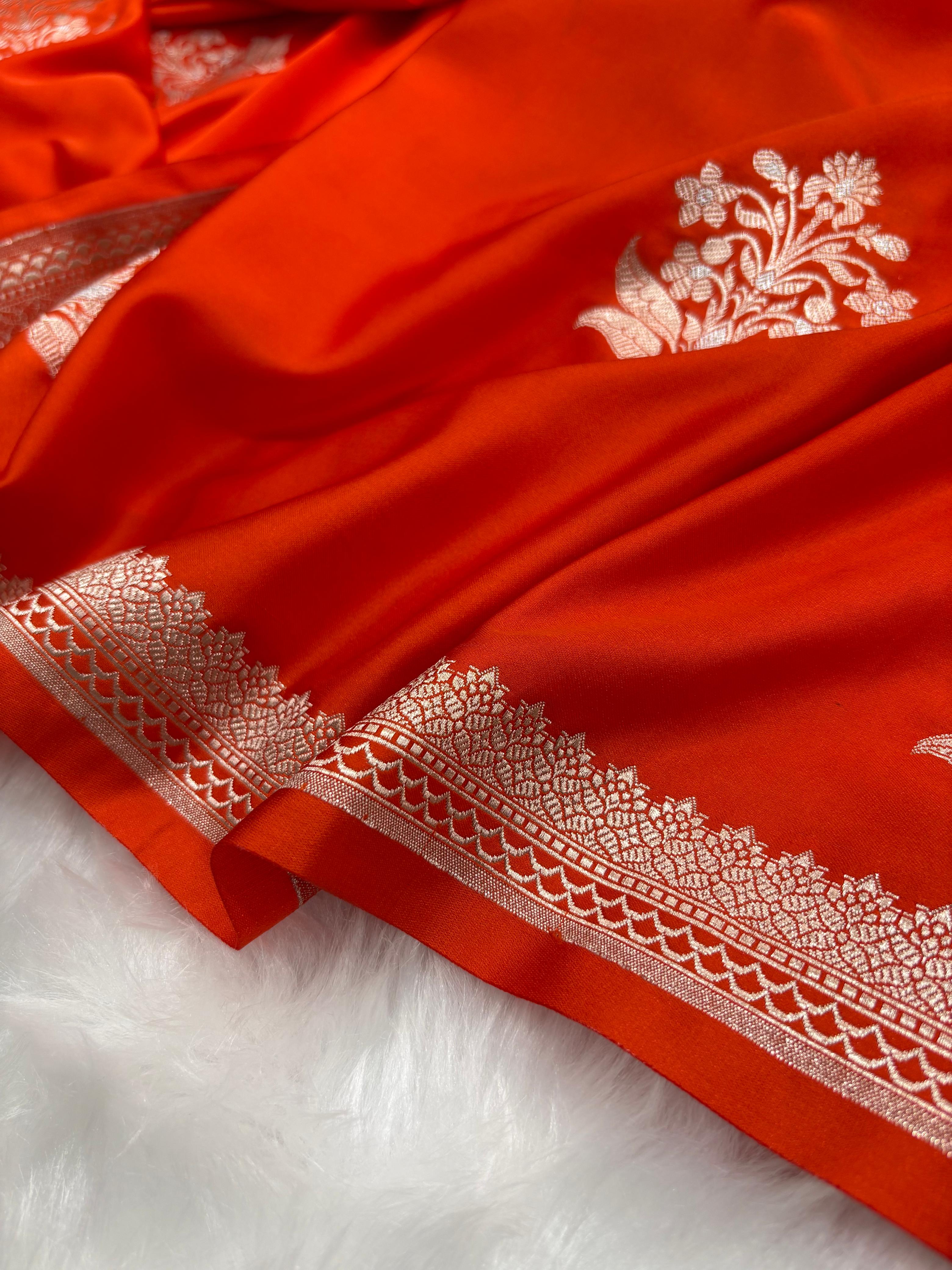 Orange Shades Banarasi Floral Boota Pattern Mashru Silk Saree