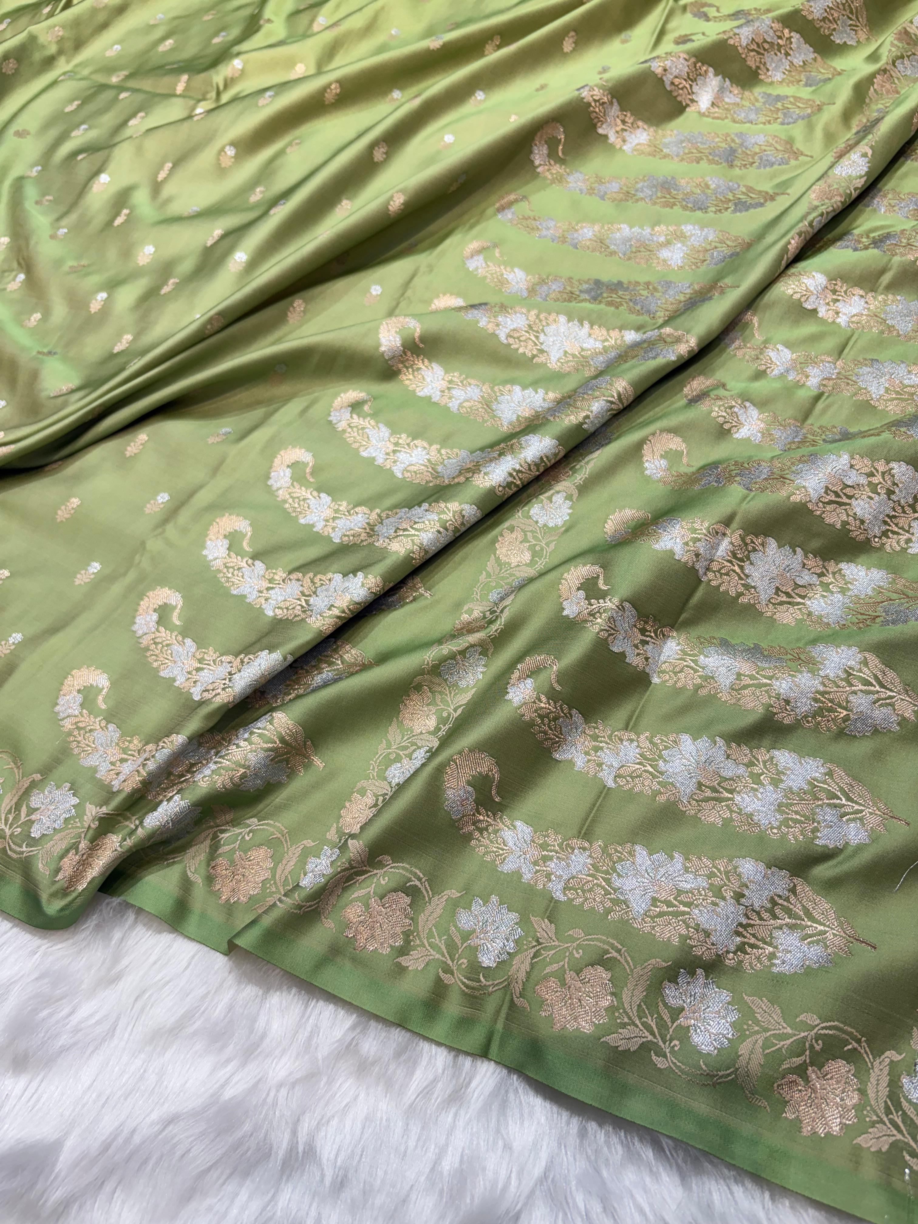 Banarasi Pista Green Satin Mashru Silk Saree