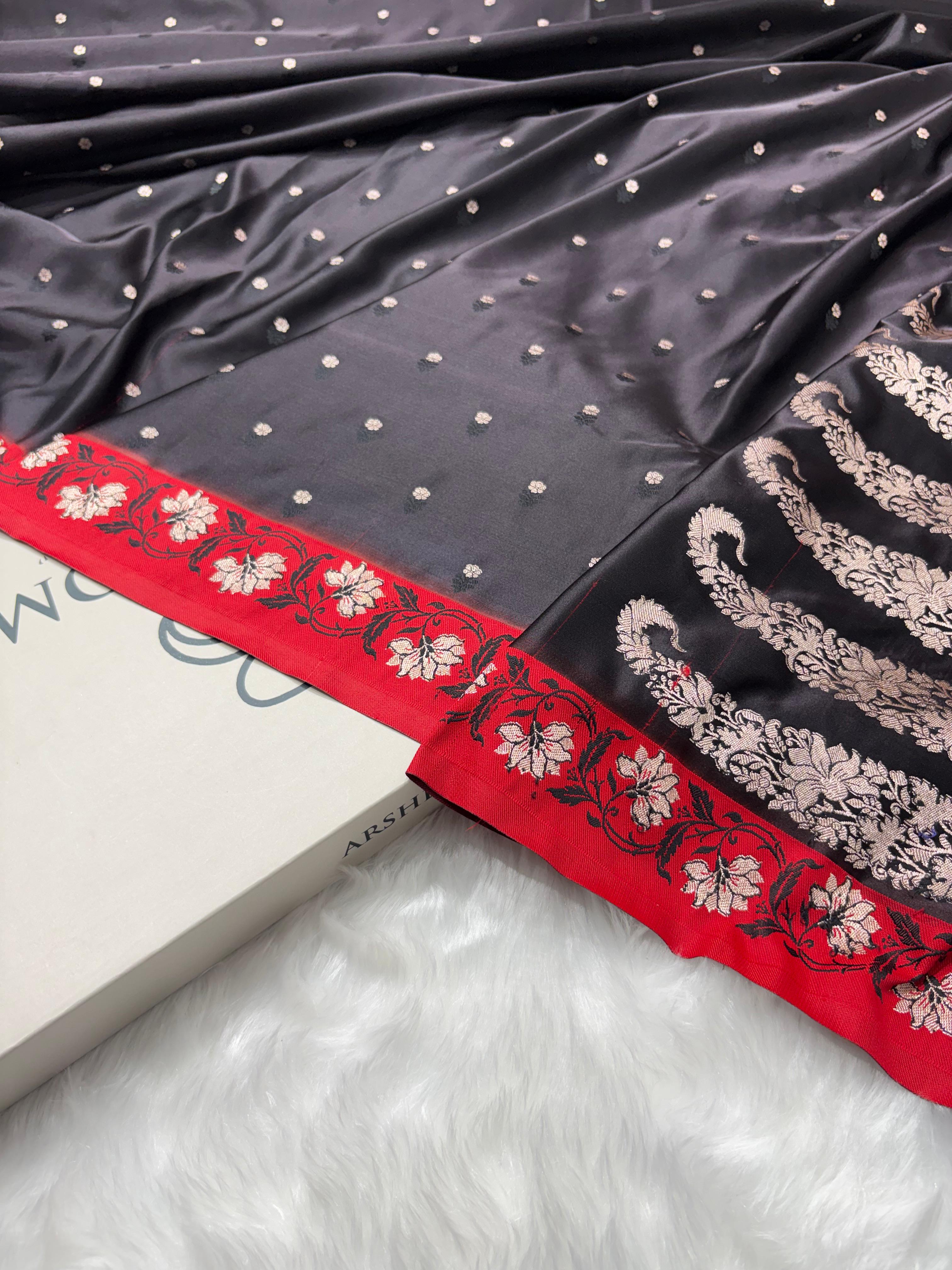 Contrast Black With Red Floral Boota With Floral Border Mashru Silk Saree