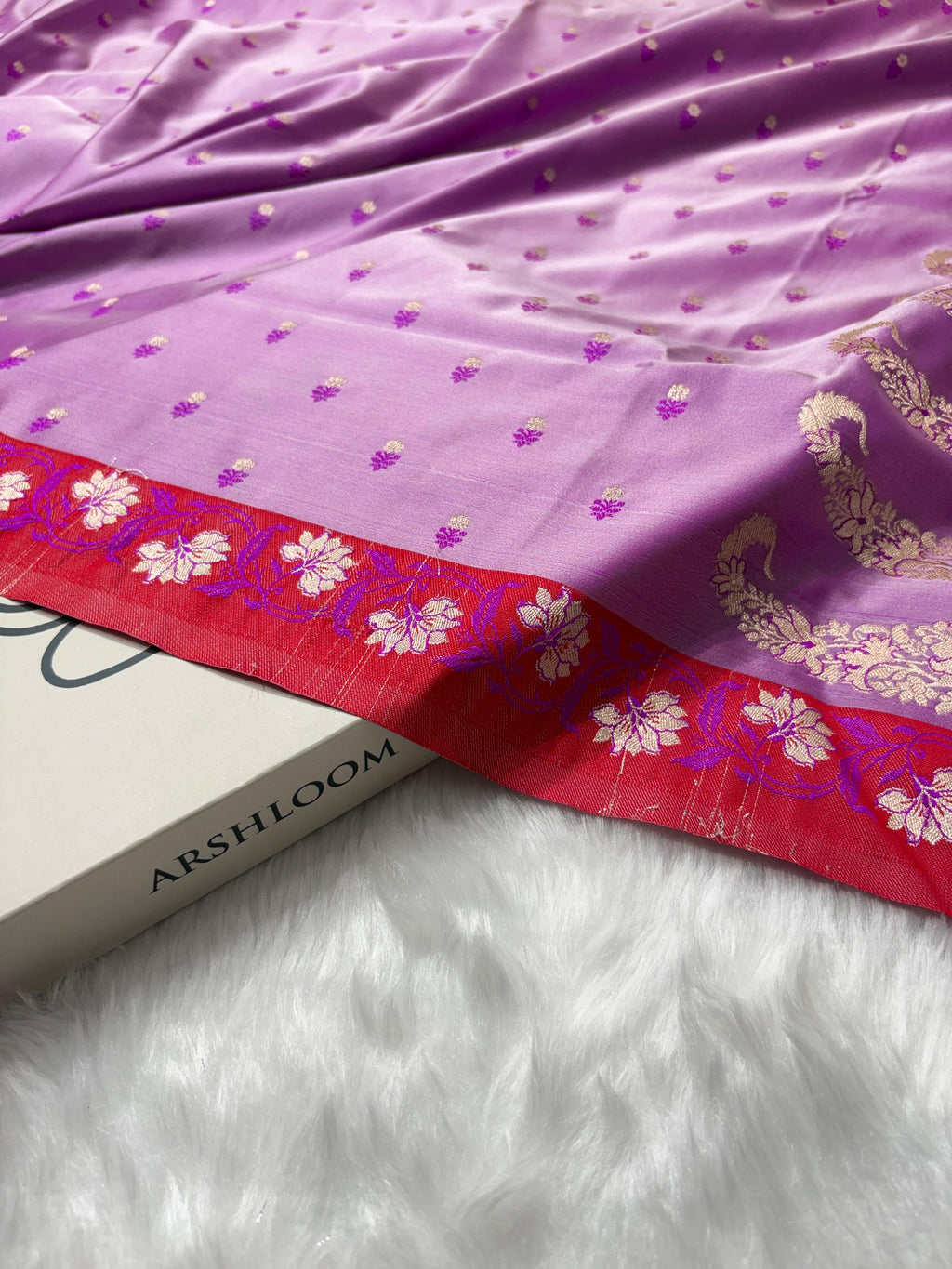 Contrast Lavender With Pink-Red Floral Boota With Floral Border Mashru Silk Saree