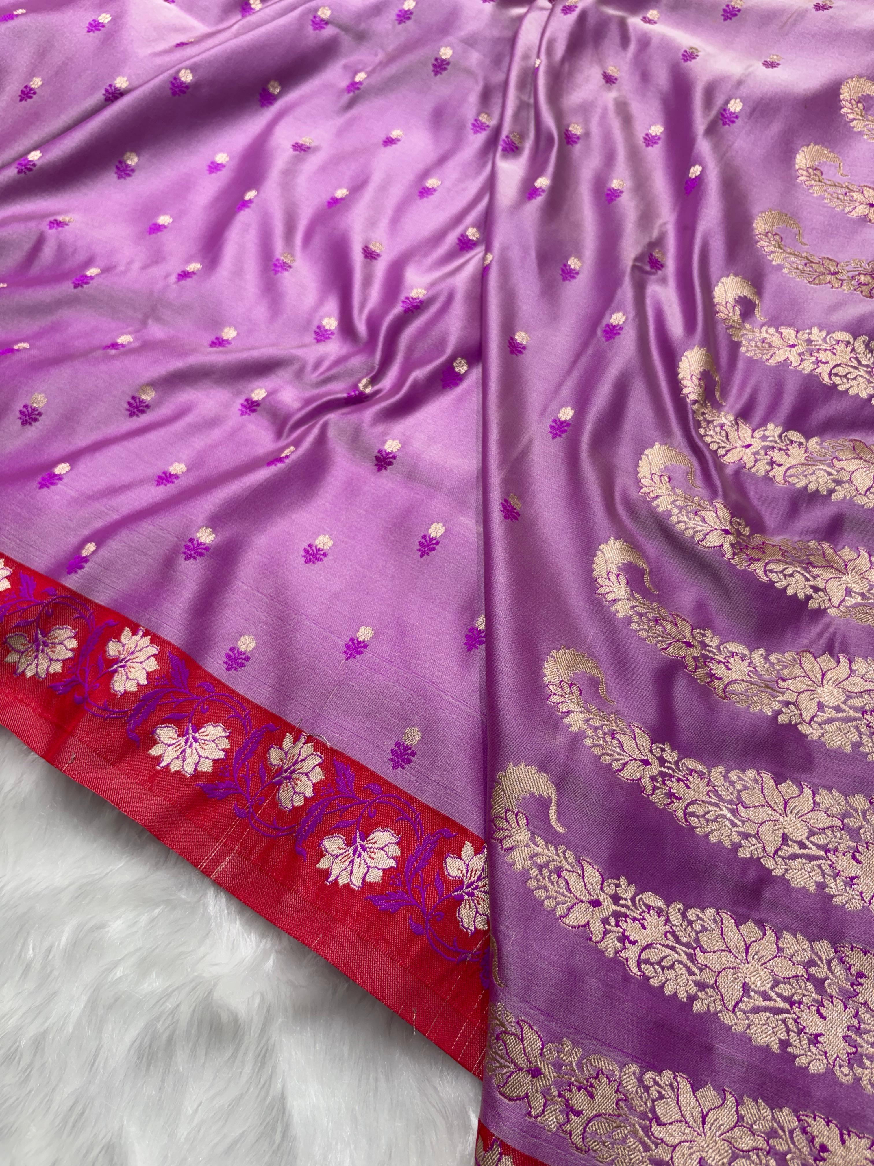 Contrast Lavender With Pink-Red Floral Boota With Floral Border Mashru Silk Saree