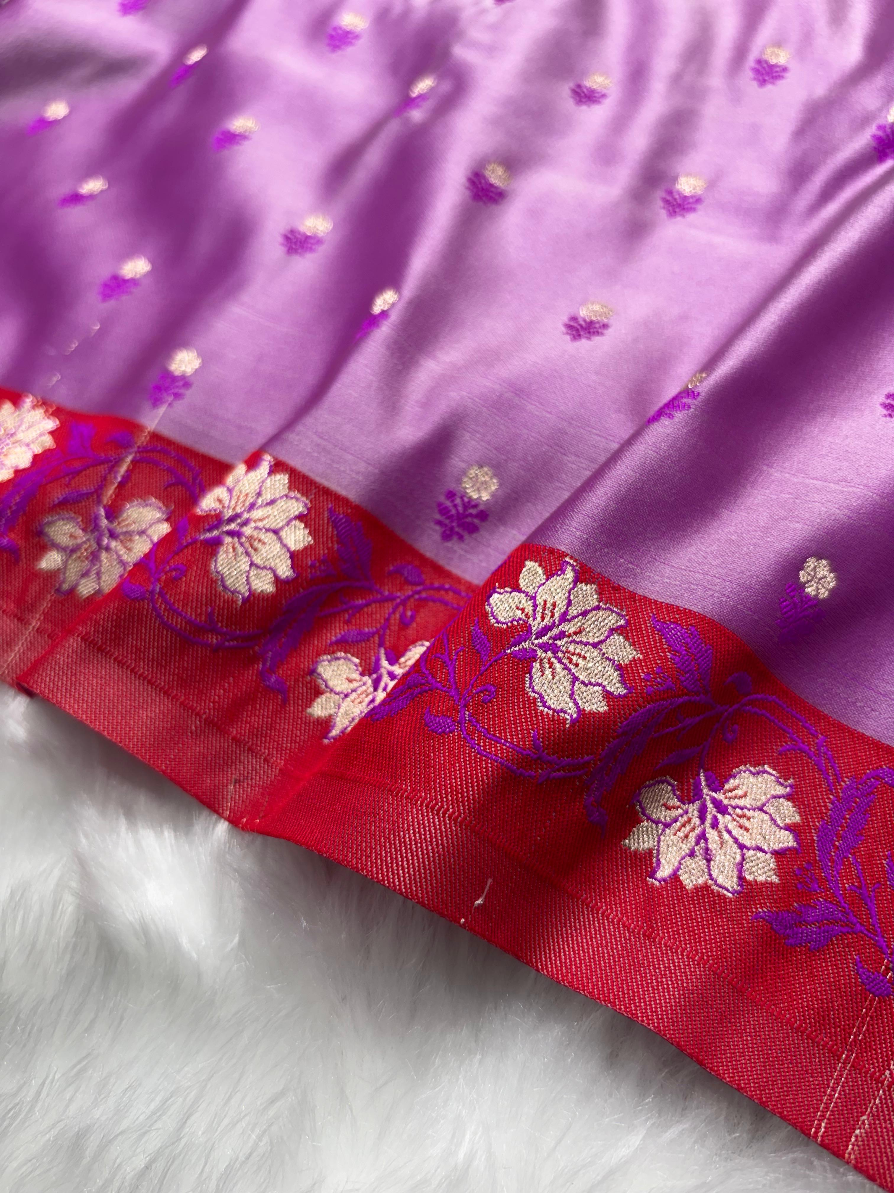 Contrast Lavender With Pink-Red Floral Boota With Floral Border Mashru Silk Saree