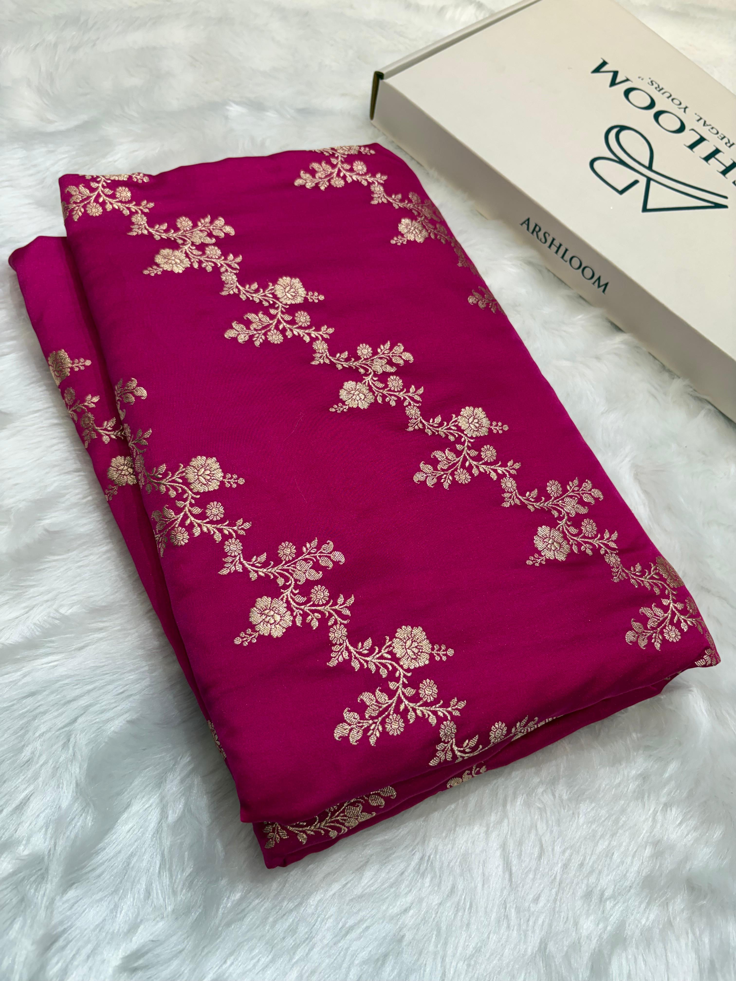 Cross Jaal Floral Pattern Mashru Silk Saree in Rani Shades