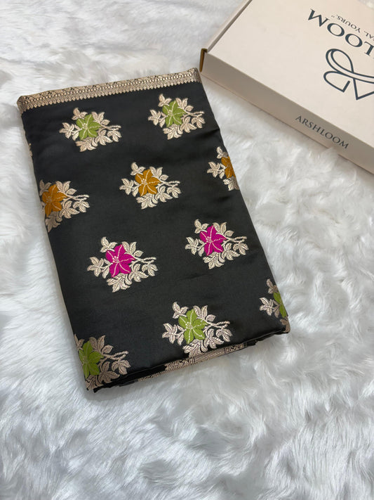 Banarasi Floral Minakari Satin Katan Silk Saree