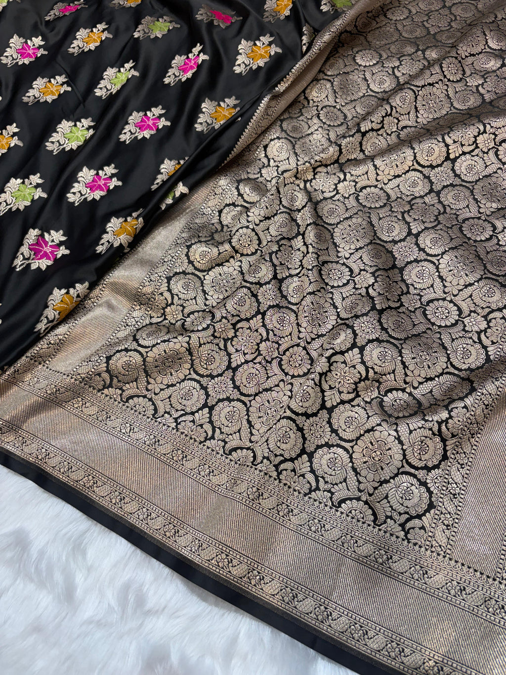 Banarasi Floral Minakari Satin Katan Silk Saree