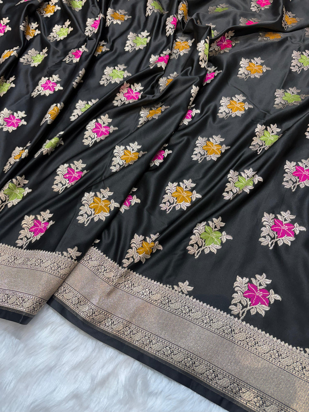 Banarasi Floral Minakari Satin Katan Silk Saree
