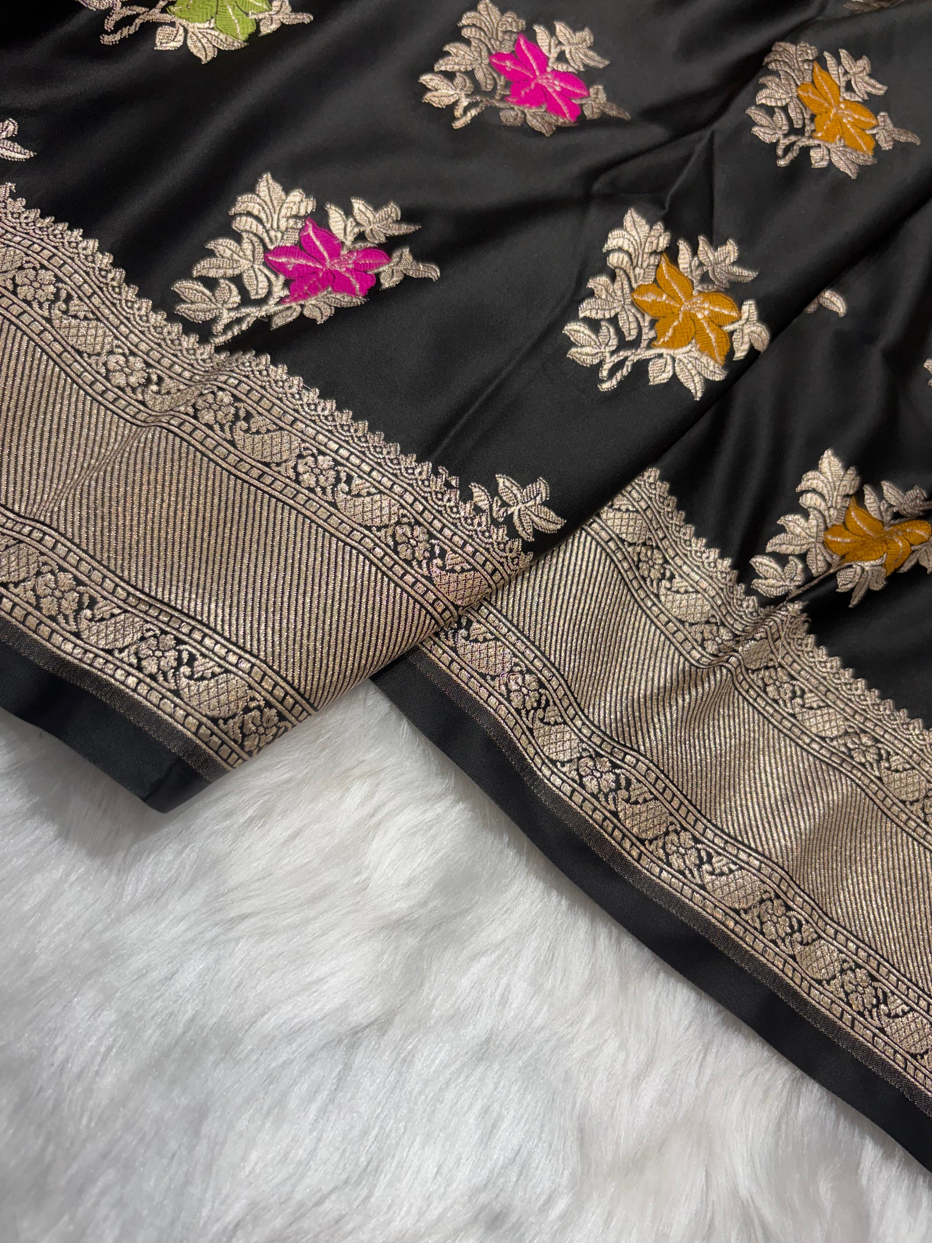 Banarasi Floral Minakari Satin Katan Silk Saree