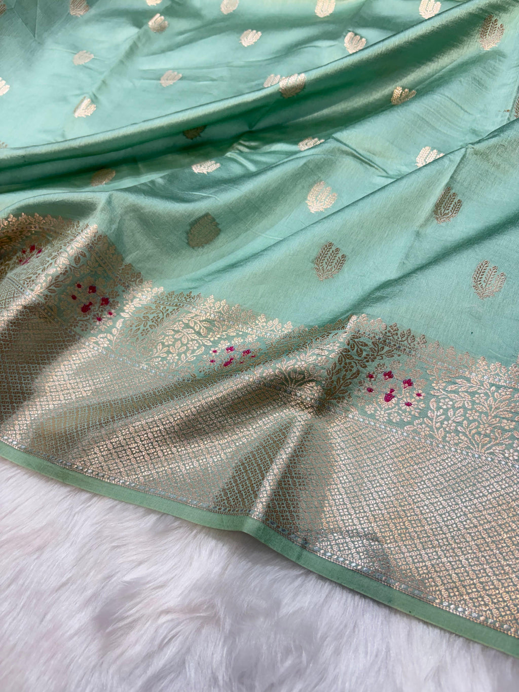 Sage Mint Shade Minakari Pure Caramel Silk Saree