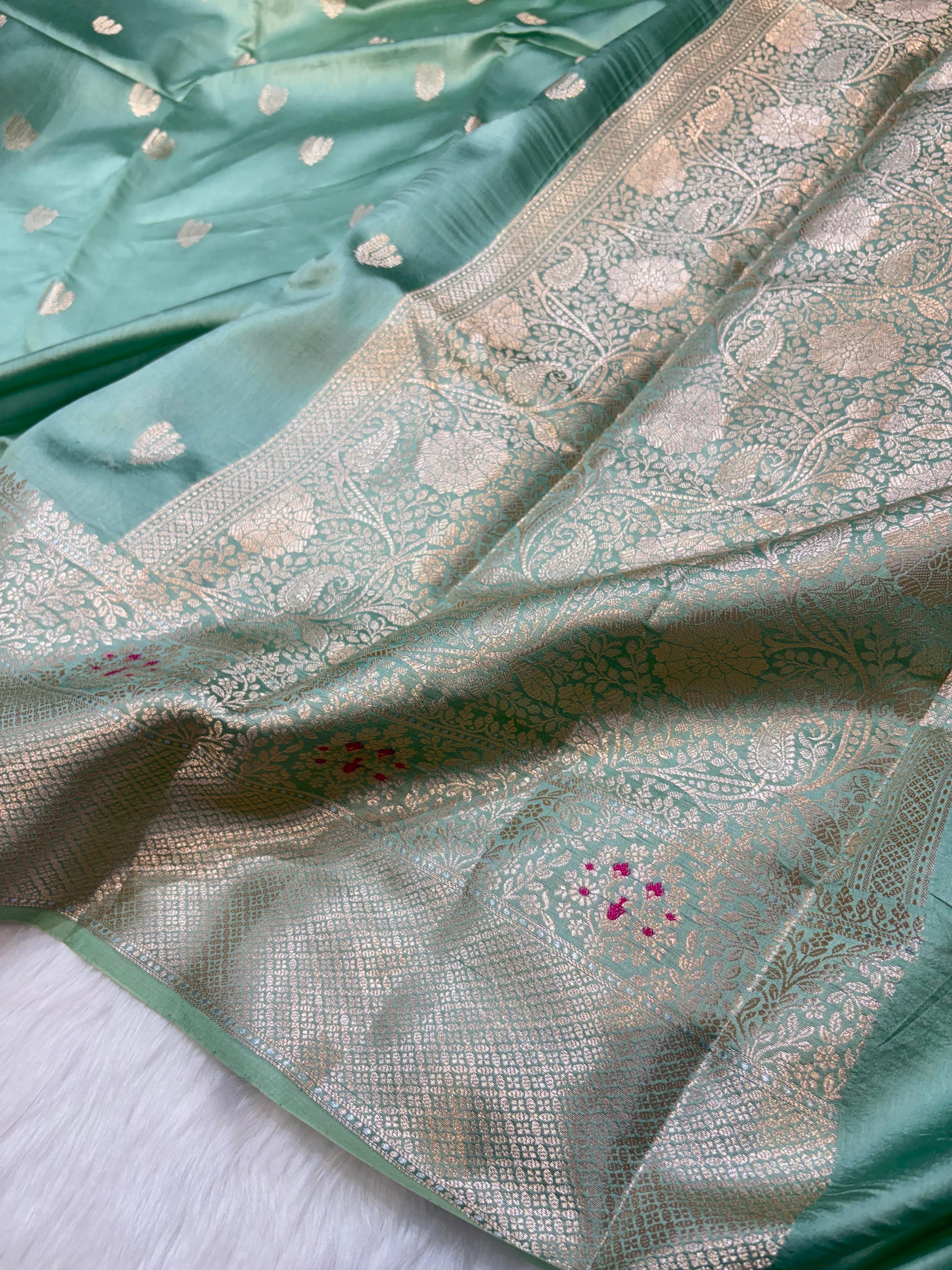 Sage Mint Shade Minakari Pure Caramel Silk Saree