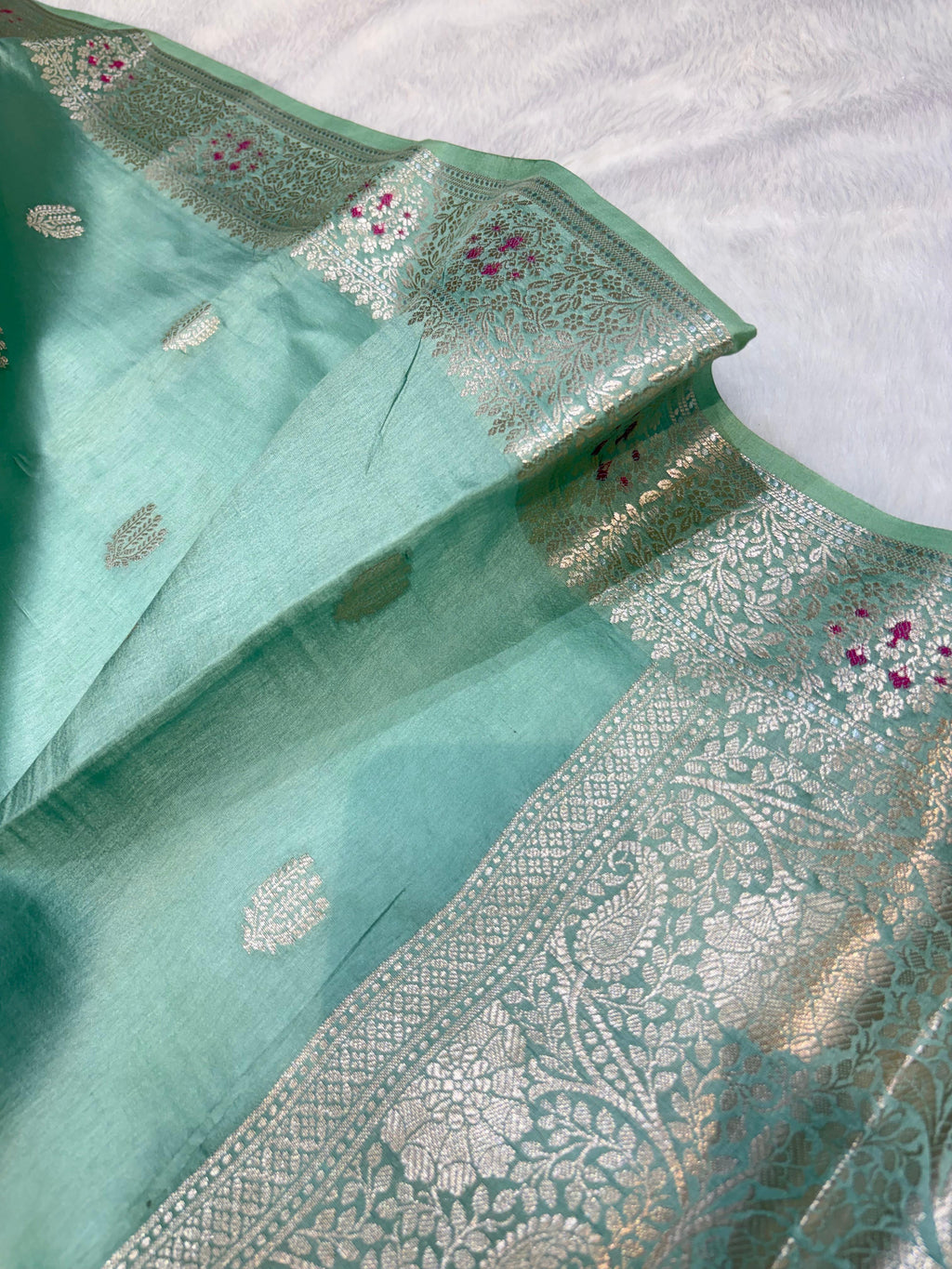 Sage Mint Shade Minakari Pure Caramel Silk Saree