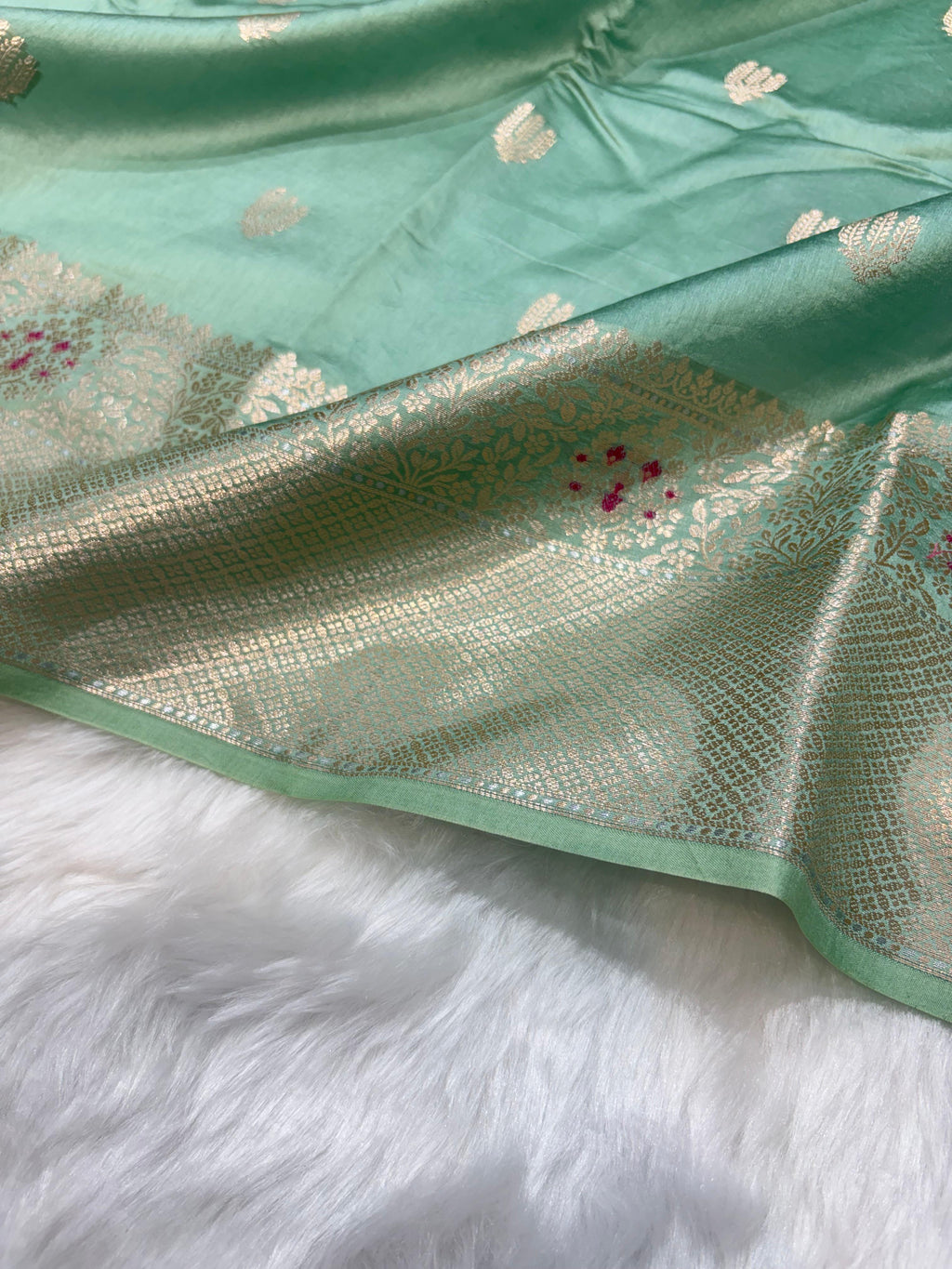 Sage Mint Shade Minakari Pure Caramel Silk Saree