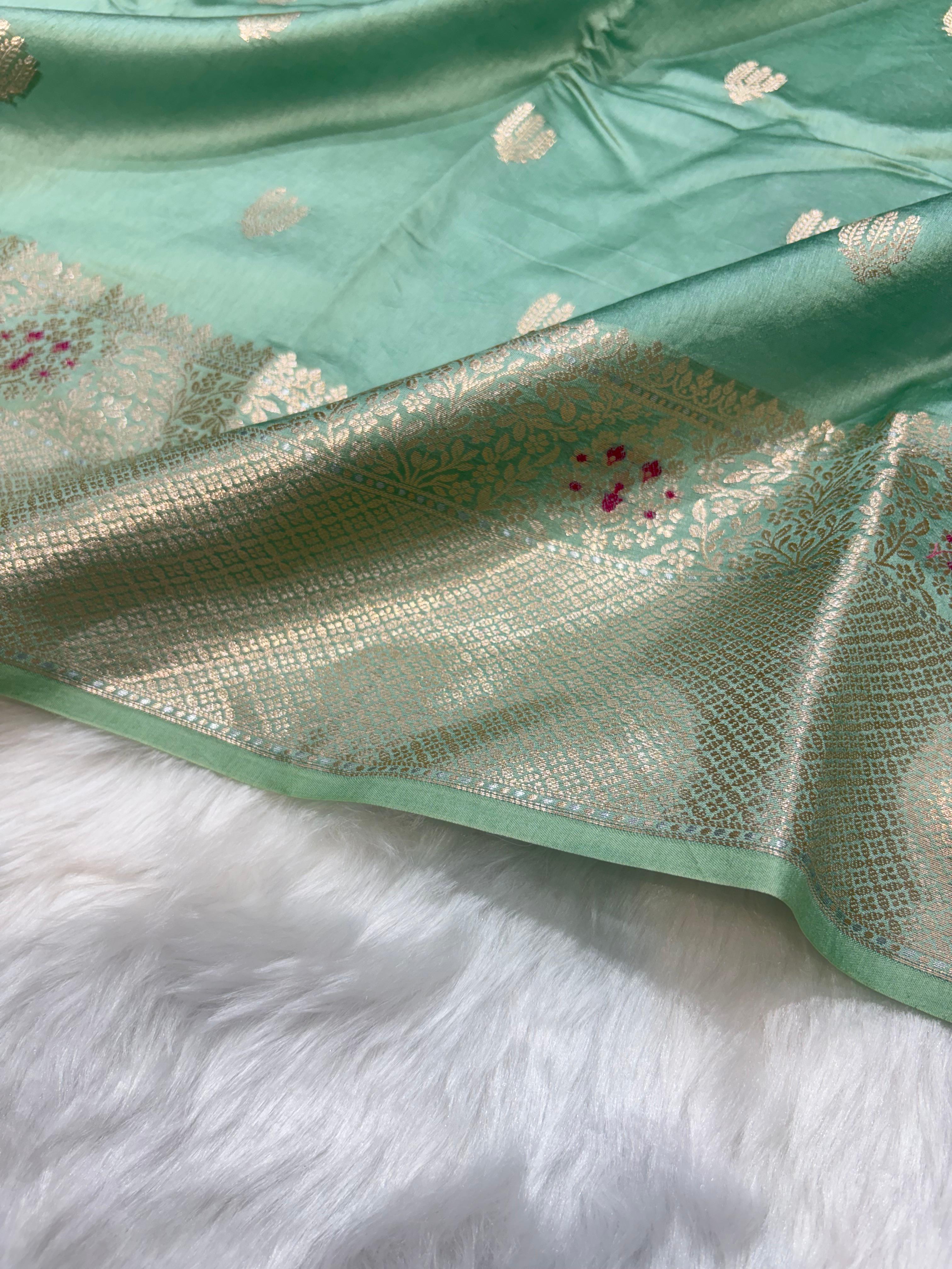 Sage Mint Shade Minakari Pure Caramel Silk Saree