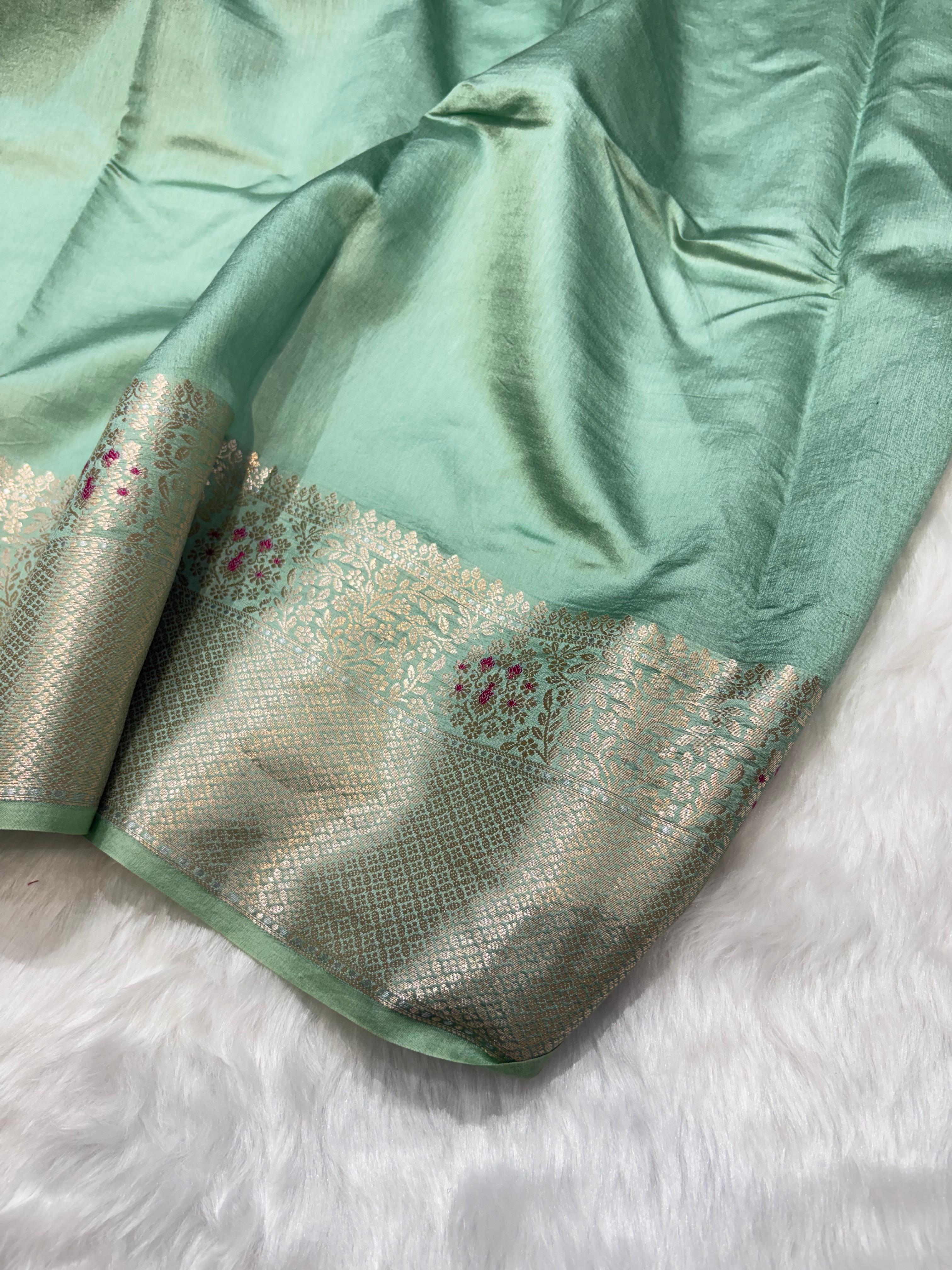 Sage Mint Shade Minakari Pure Caramel Silk Saree