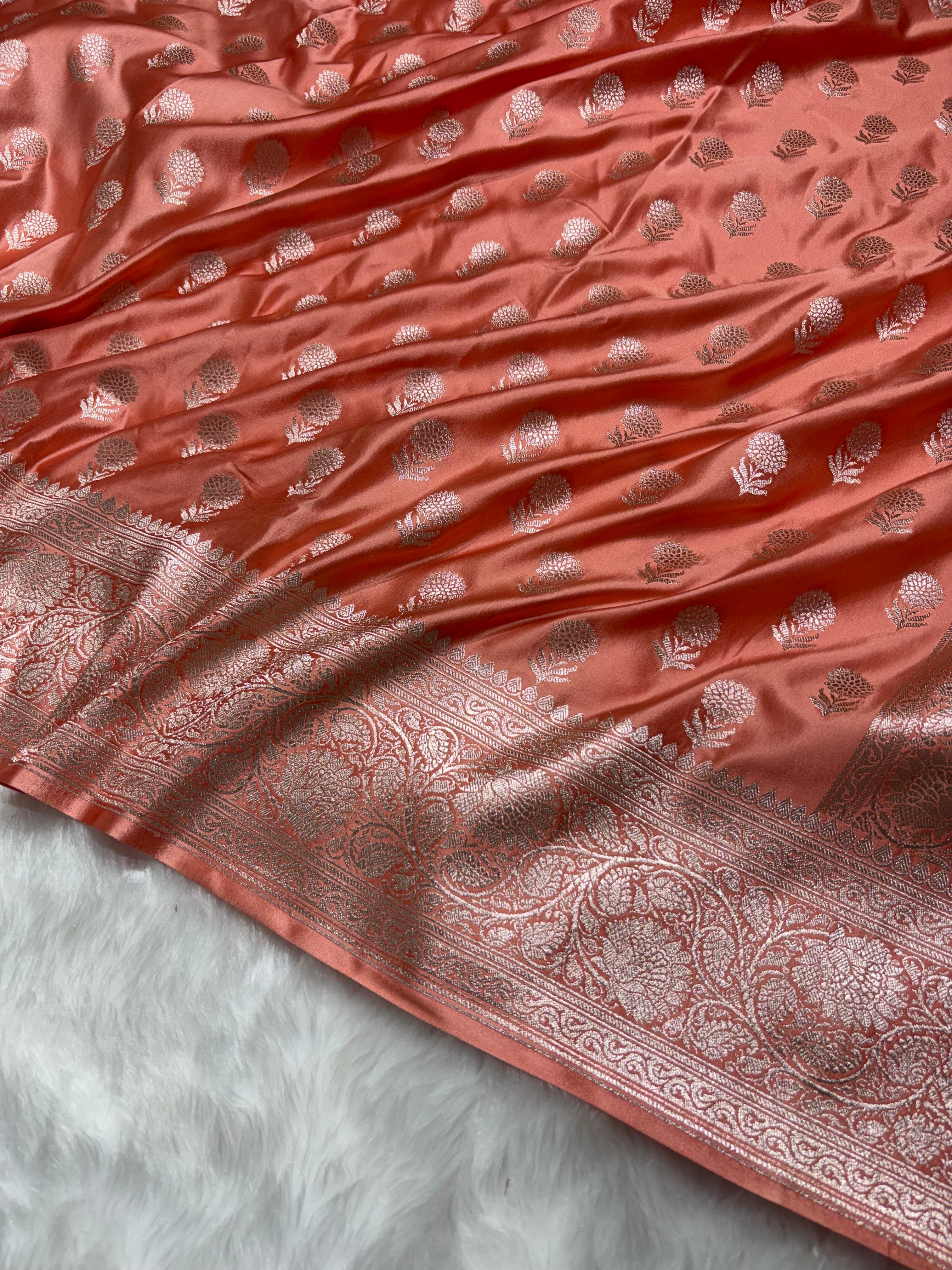 Peach Shades Floral Boota Pattern Mashru Silk Saree