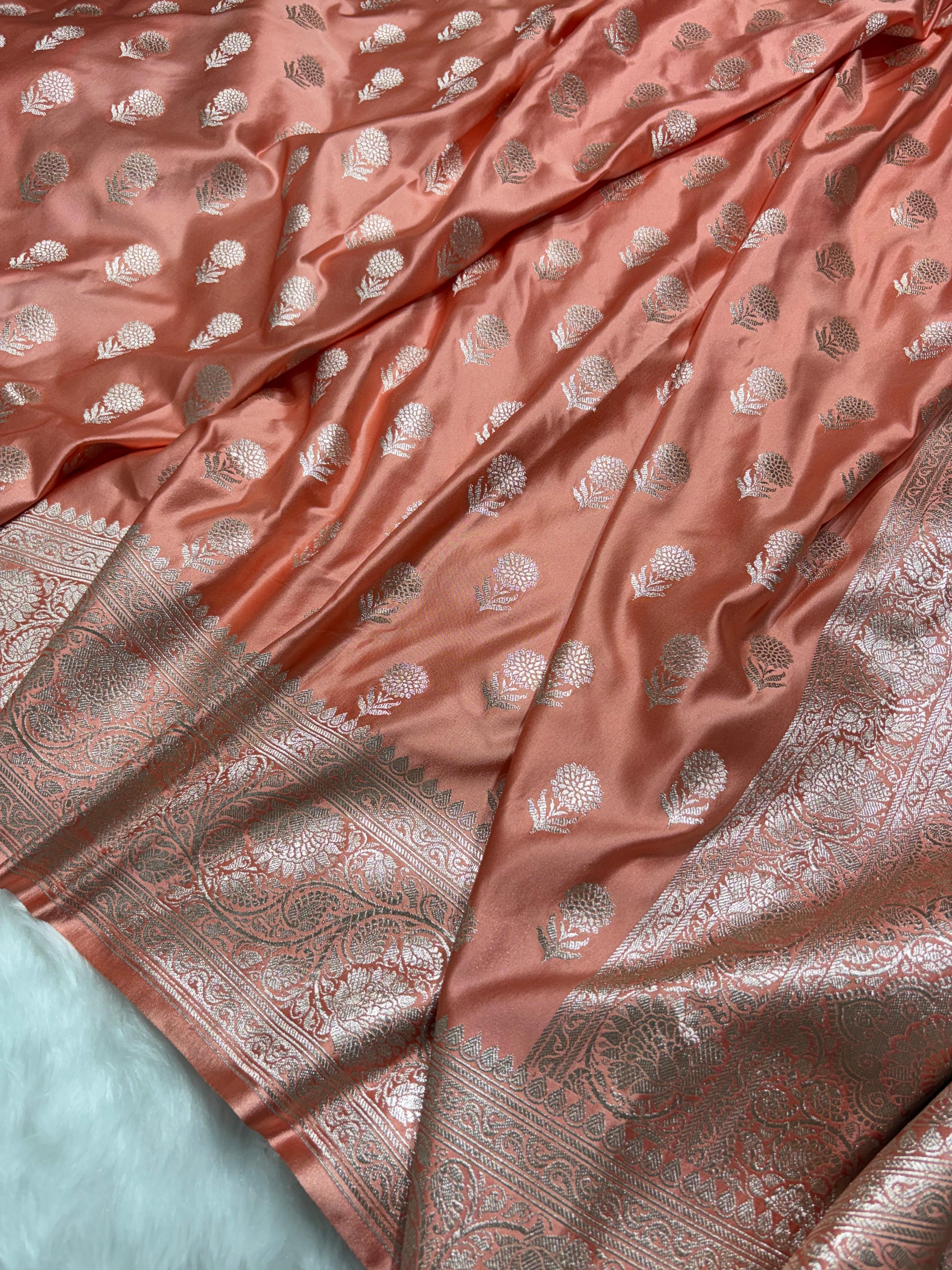 Peach Shades Floral Boota Pattern Mashru Silk Saree