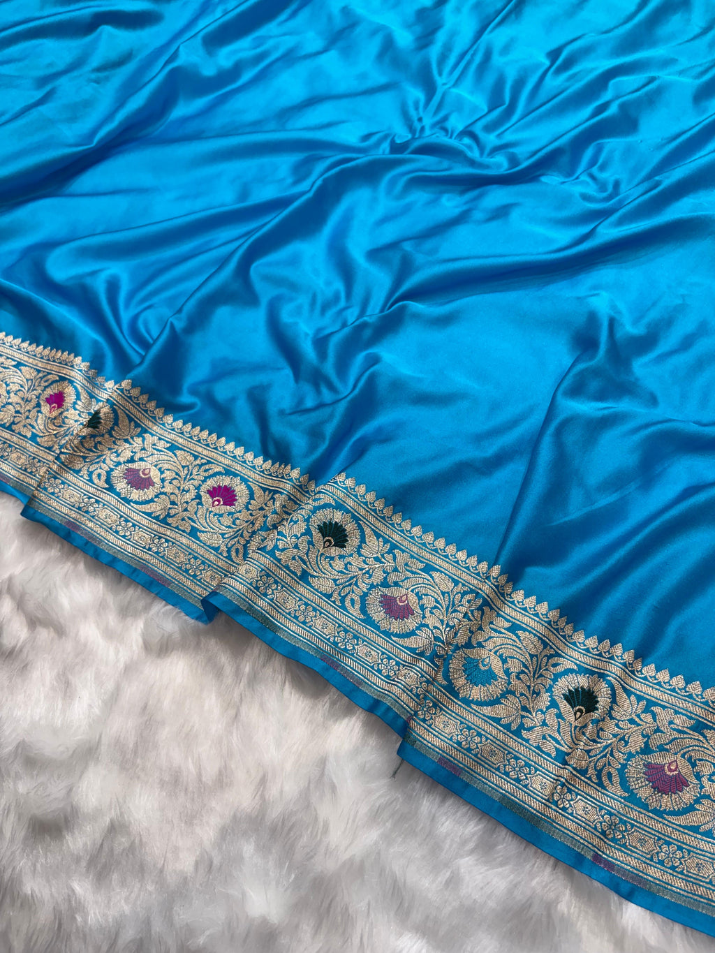 Turquoise Blue Plain Pattern with Minakari Border Mashru Silk Saree