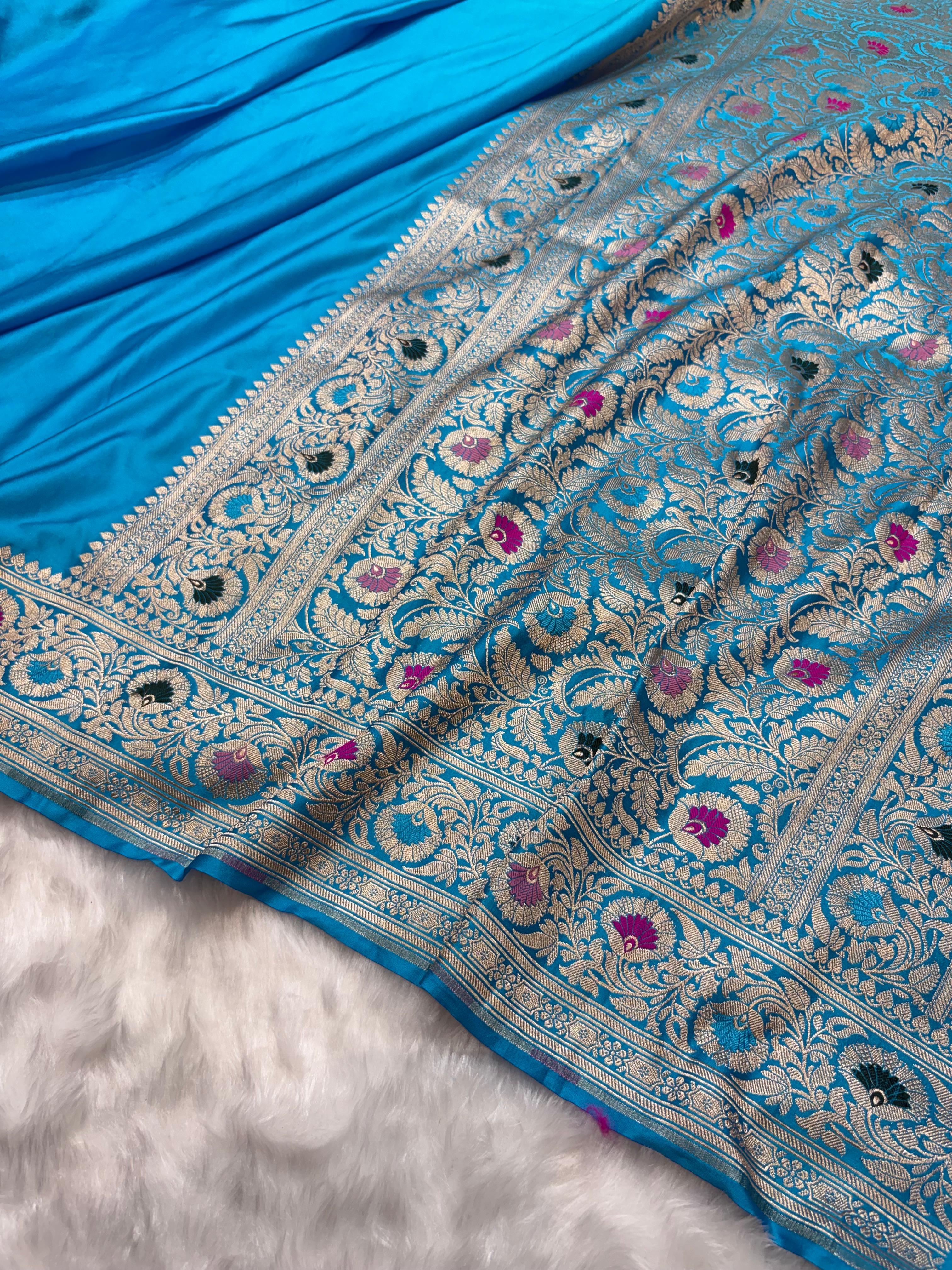Turquoise Blue Plain Pattern with Minakari Border Mashru Silk Saree