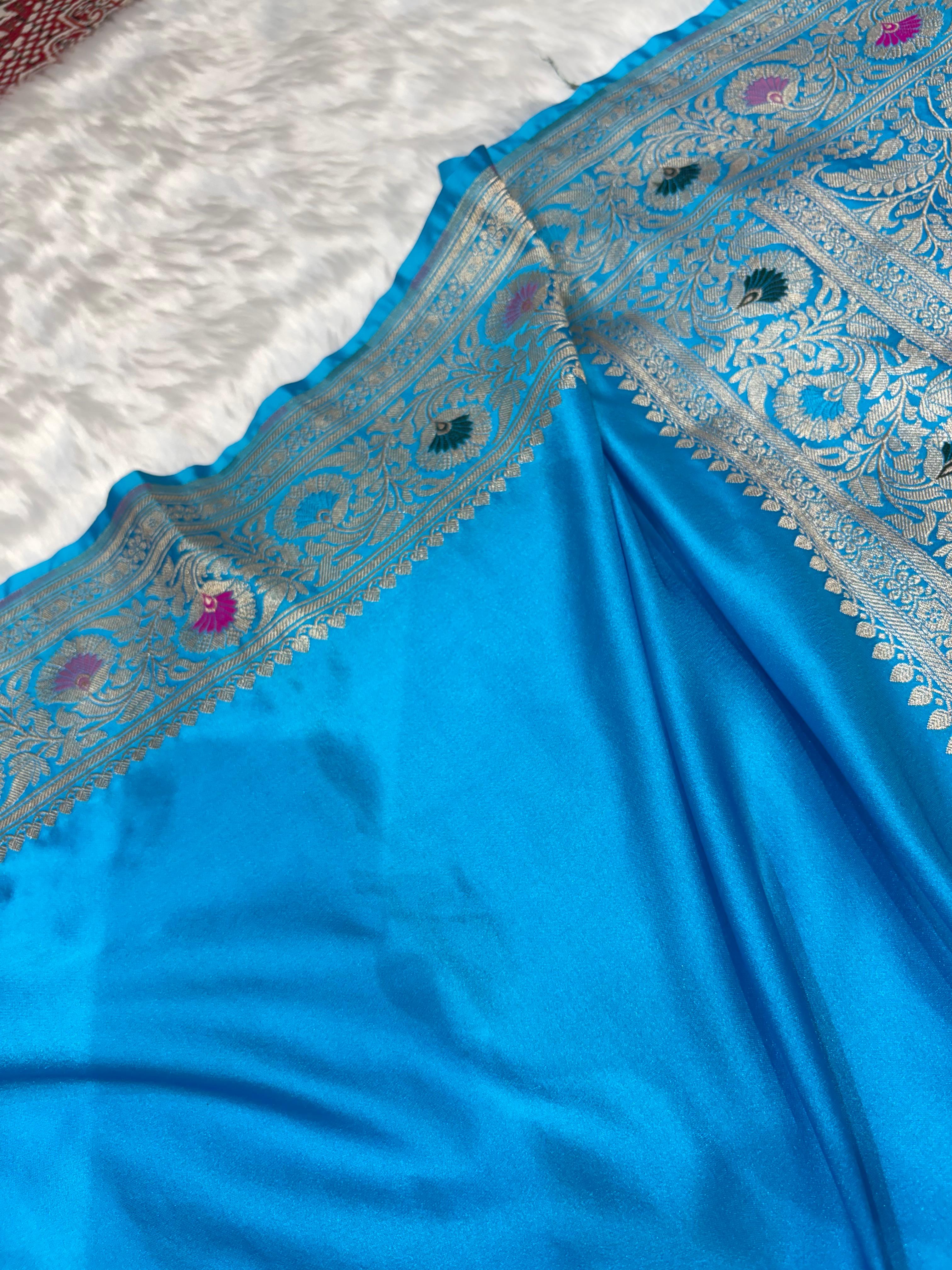 Turquoise Blue Plain Pattern with Minakari Border Mashru Silk Saree