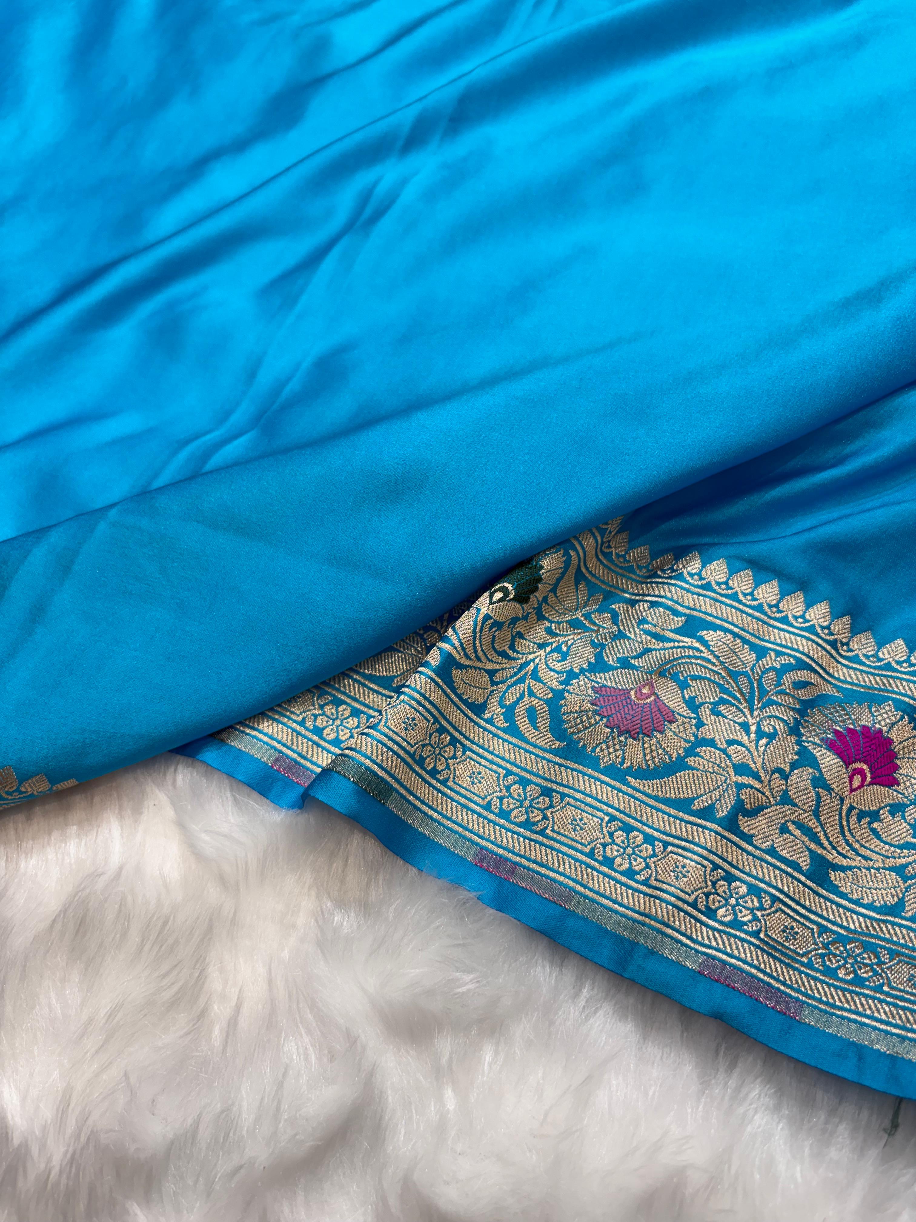 Turquoise Blue Plain Pattern with Minakari Border Mashru Silk Saree