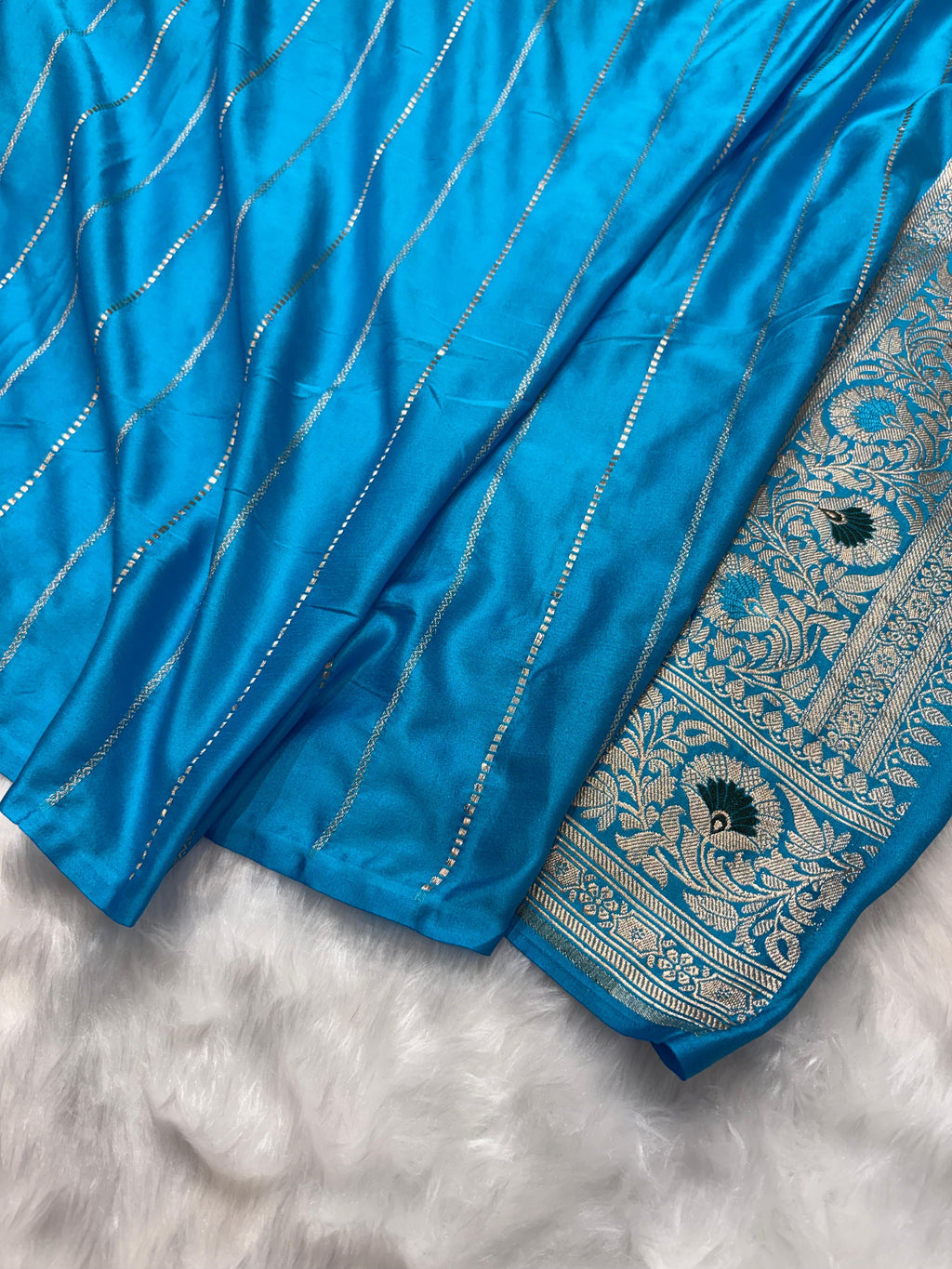 Turquoise Blue Plain Pattern with Minakari Border Mashru Silk Saree