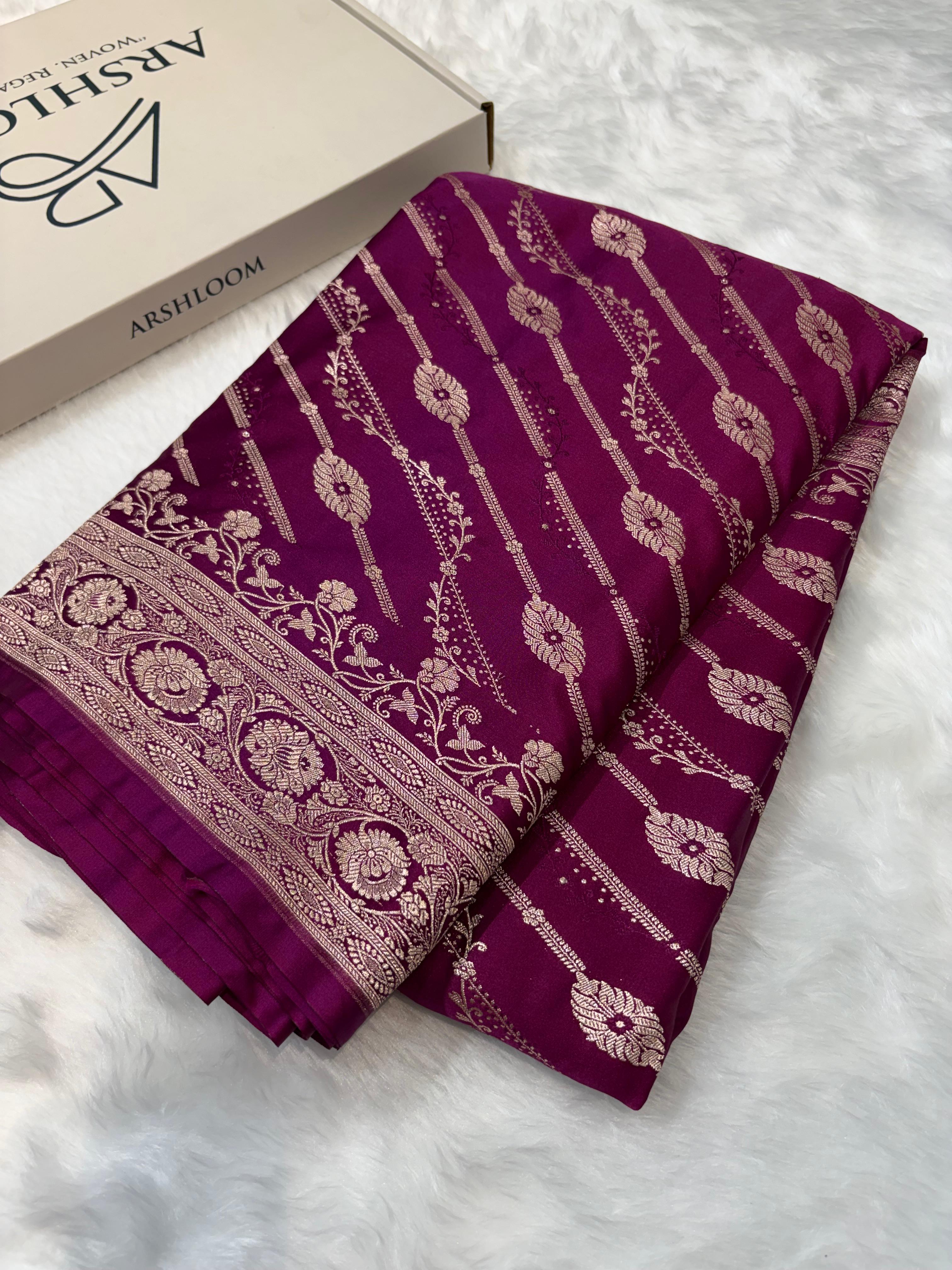 Magenta Shades Floral Jaal with Vertical Stripe Motifs Pattern Mashru Silk Saree