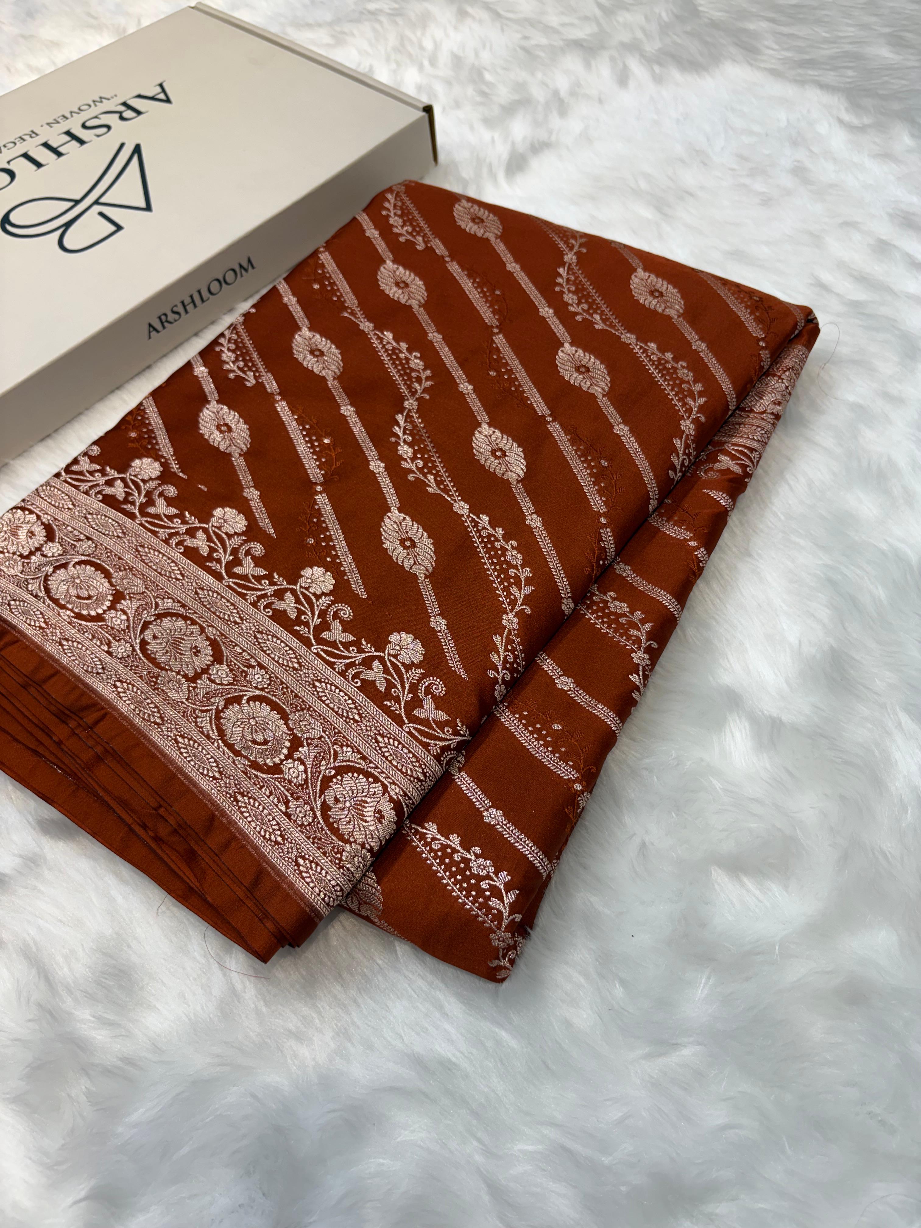Burnt Copper Shades Floral Jaal with Vertical Stripe Motifs Pattern Mashru Silk Saree
