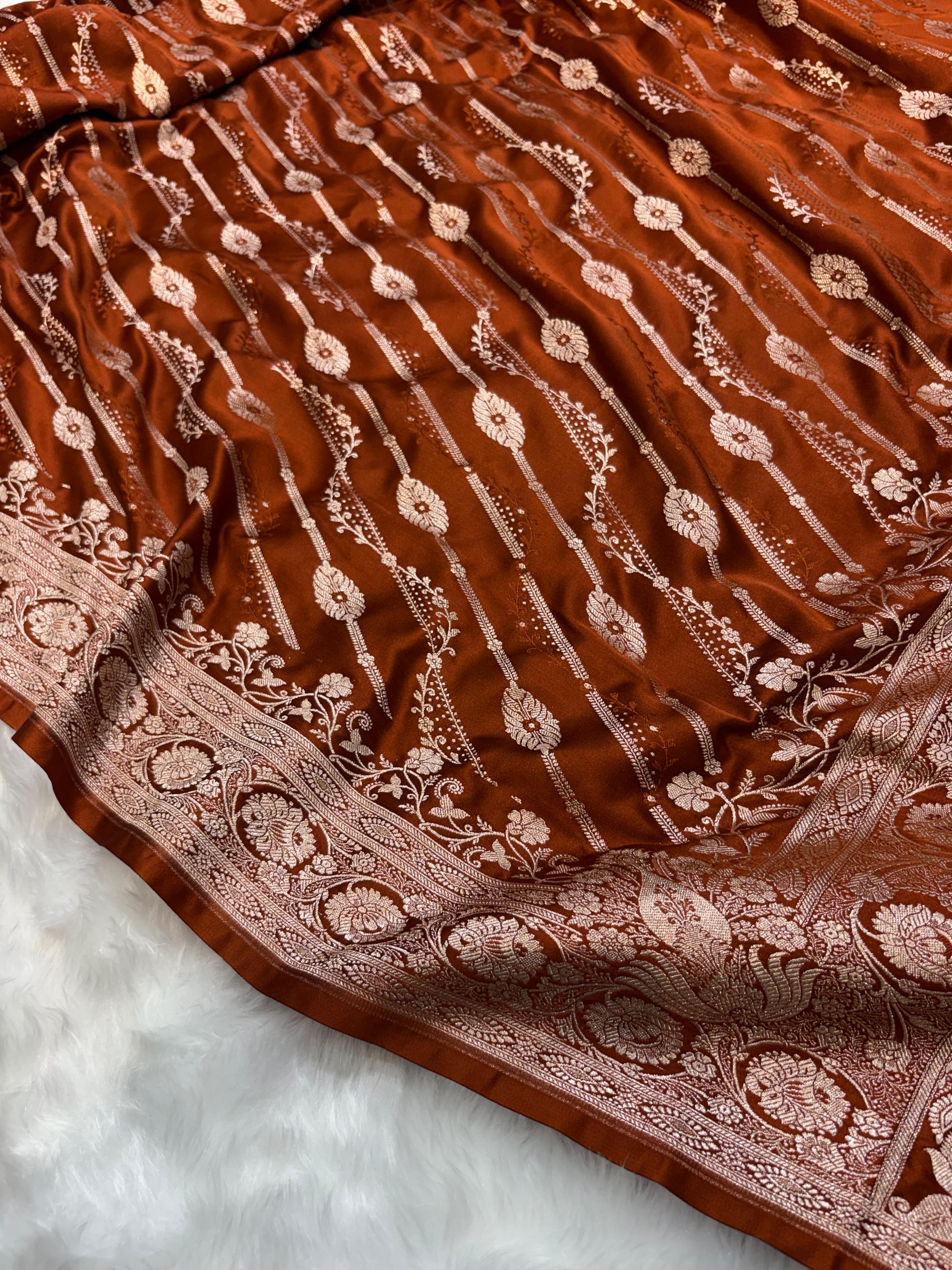 Burnt Copper Shades Floral Jaal with Vertical Stripe Motifs Pattern Mashru Silk Saree