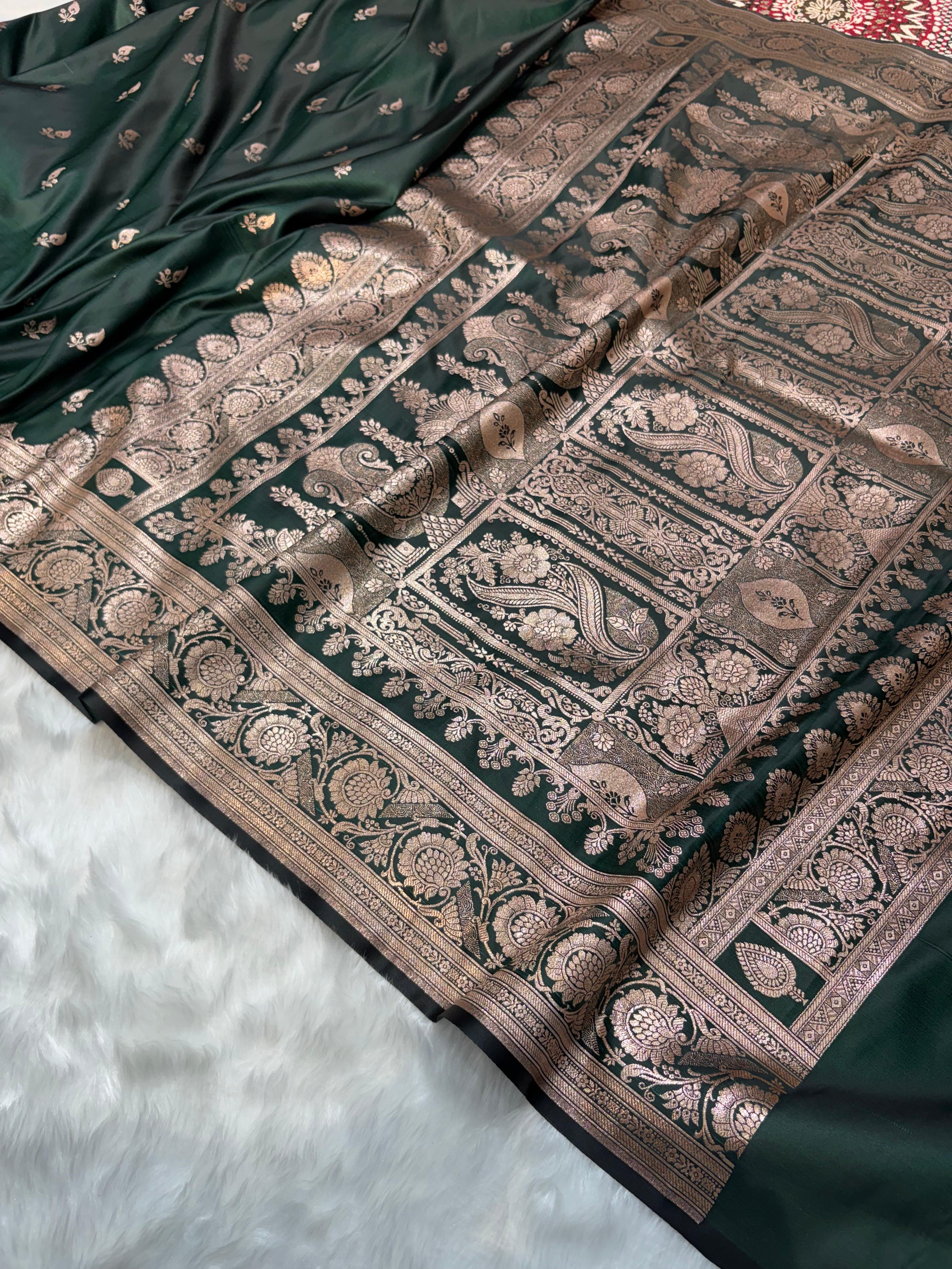 Banarasi Satin Katan Silk Booti in Bottle Green Shades