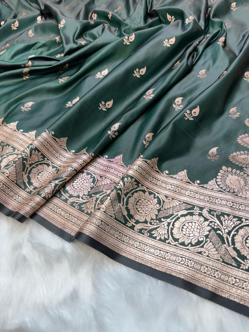 Banarasi Satin Katan Silk Booti in Bottle Green Shades