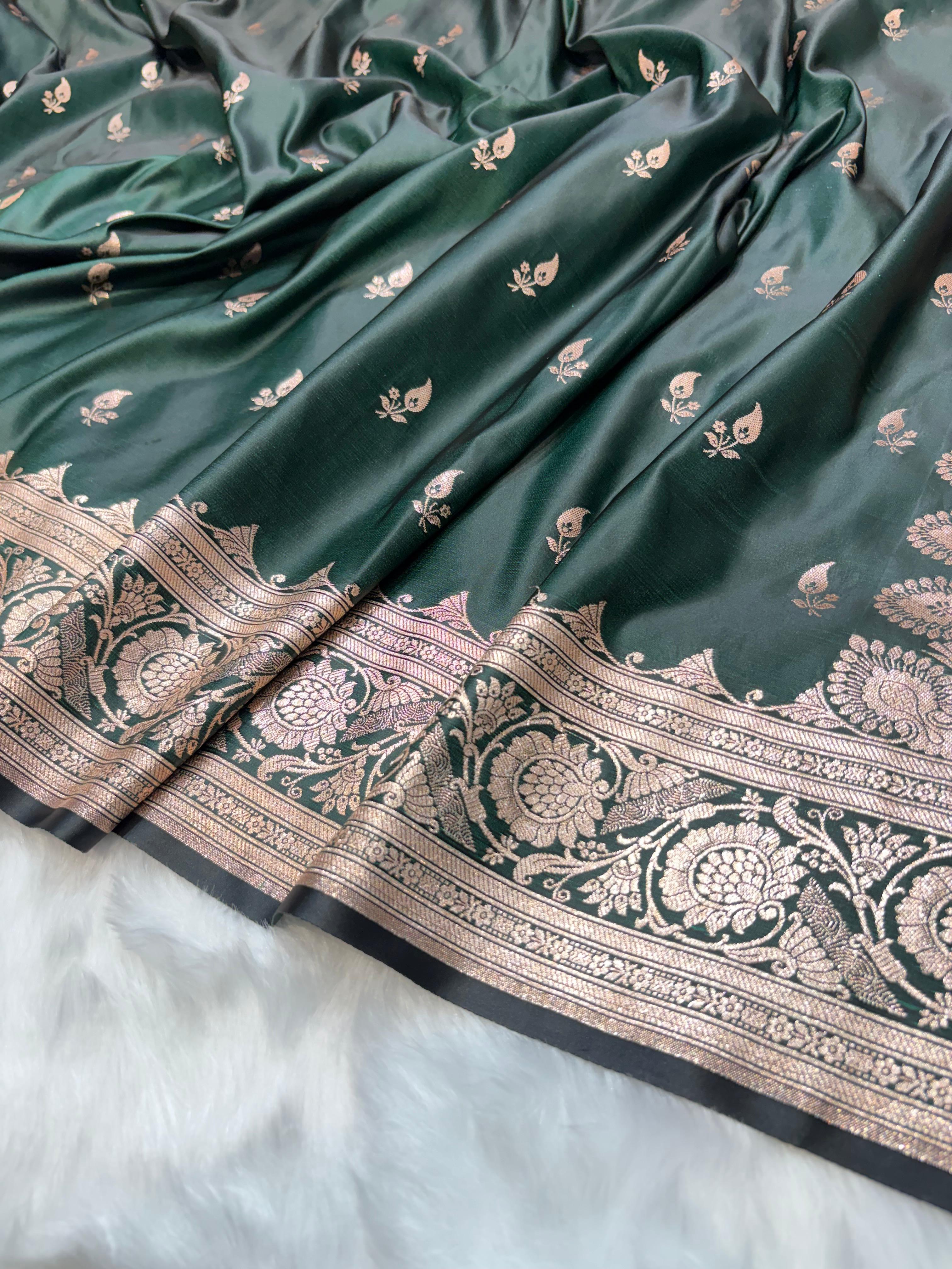 Banarasi Satin Katan Silk Booti in Bottle Green Shades