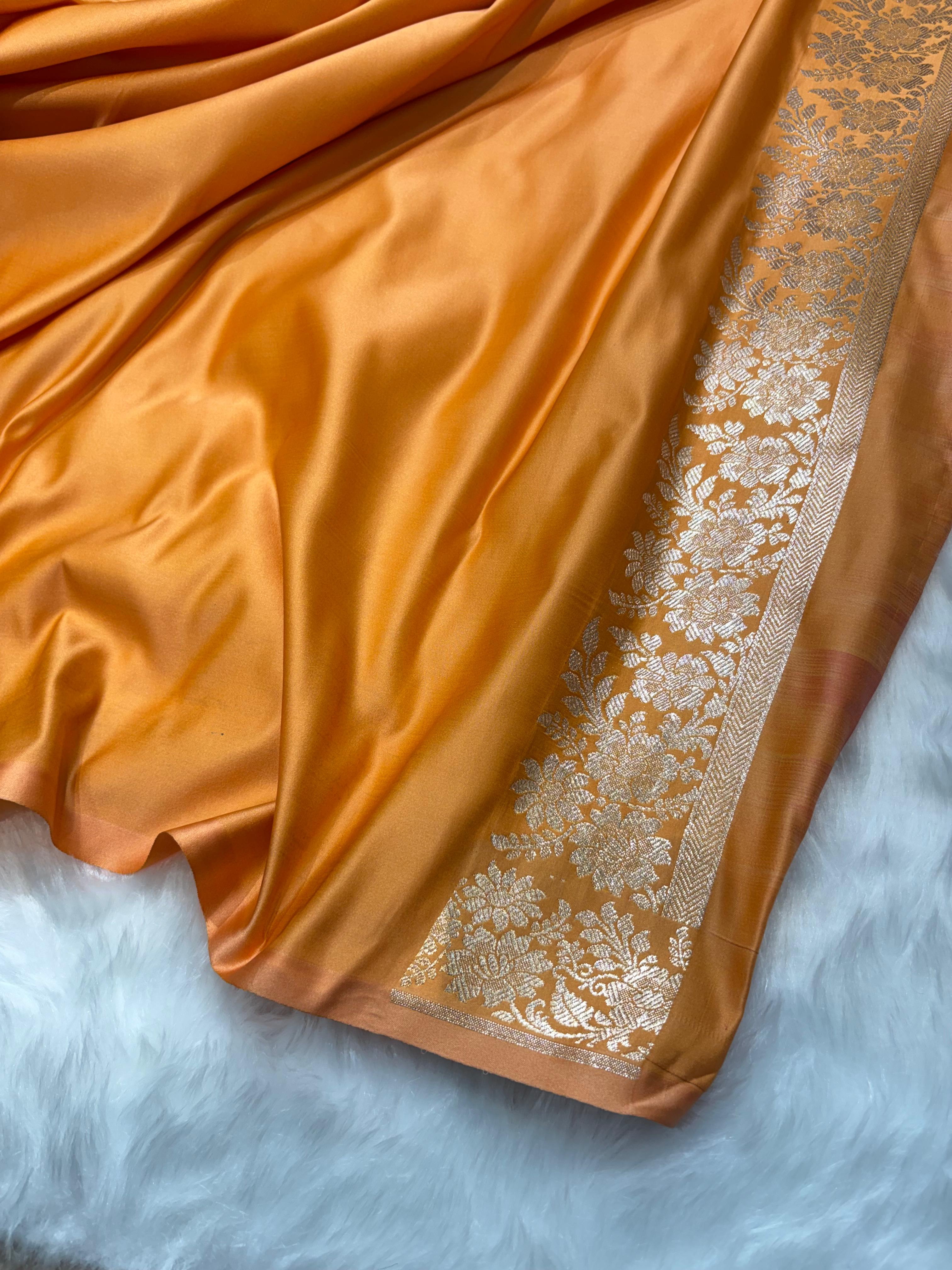 Banarasi Satin Katan Silk Floral Booti in Mustard Gold Shades