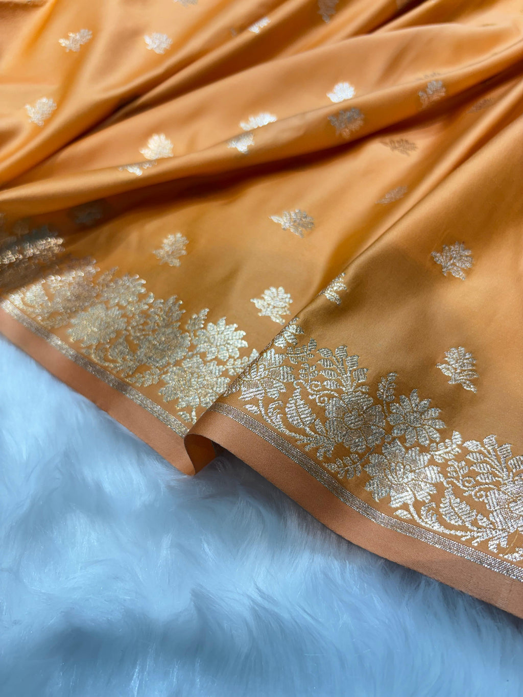 Banarasi Satin Katan Silk Floral Booti in Mustard Gold Shades