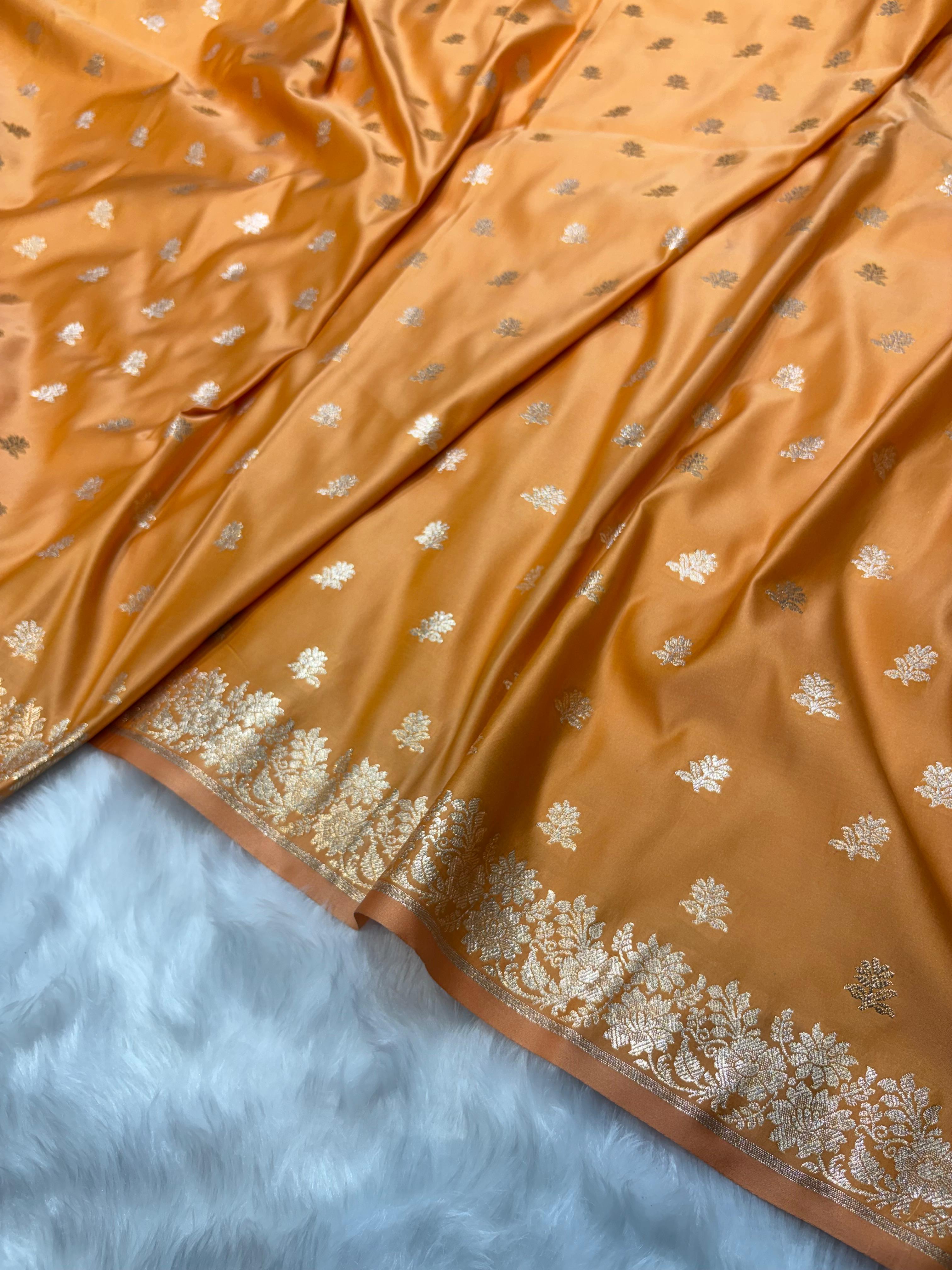 Banarasi Satin Katan Silk Floral Booti in Mustard Gold Shades