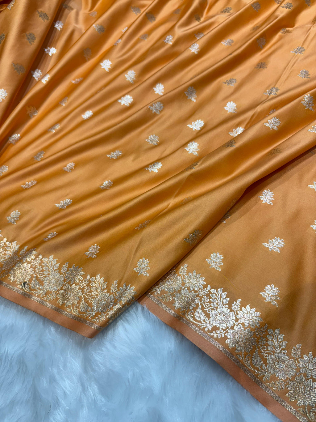 Banarasi Satin Katan Silk Floral Booti in Mustard Gold Shades