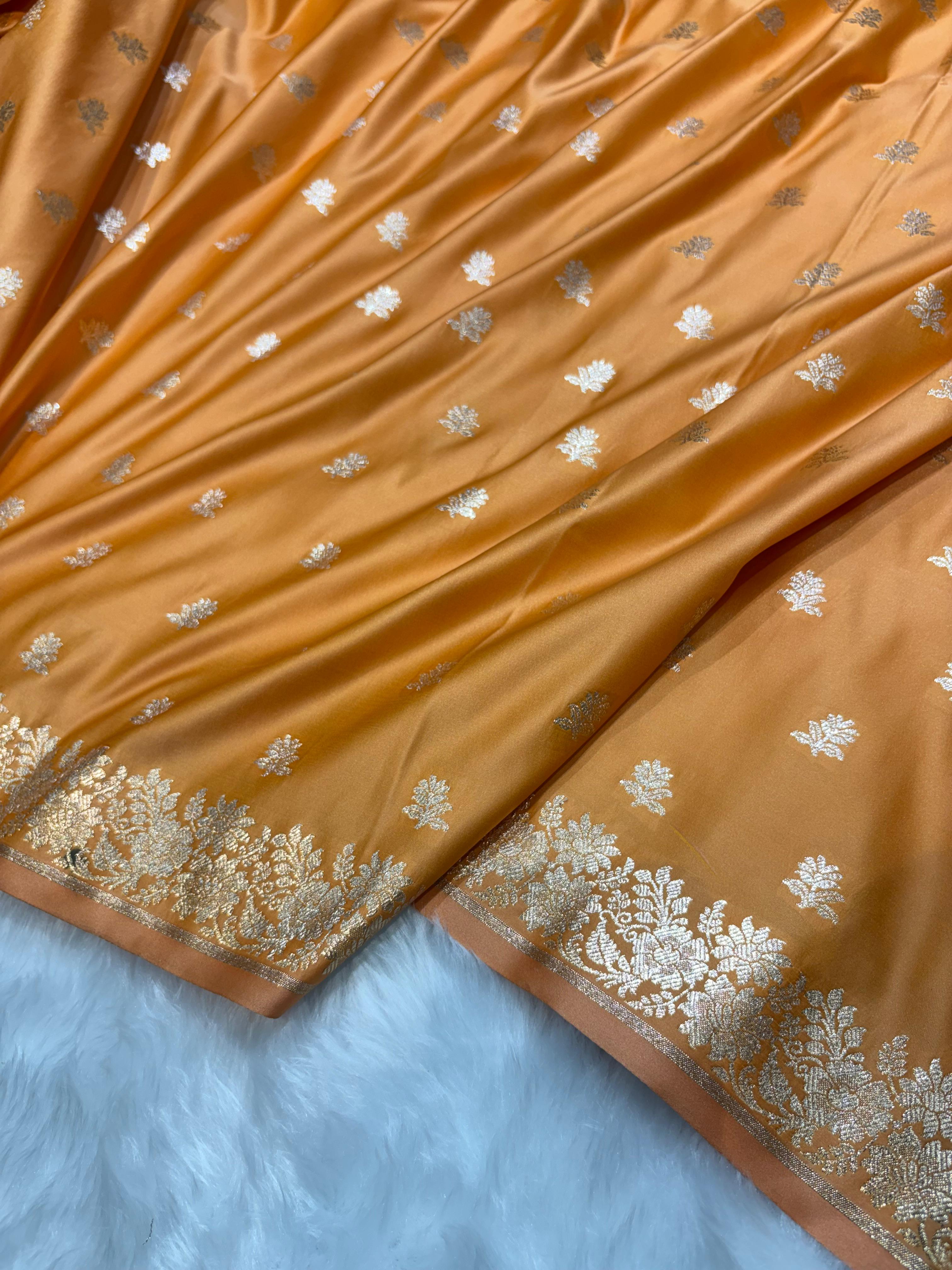 Banarasi Satin Katan Silk Floral Booti in Mustard Gold Shades