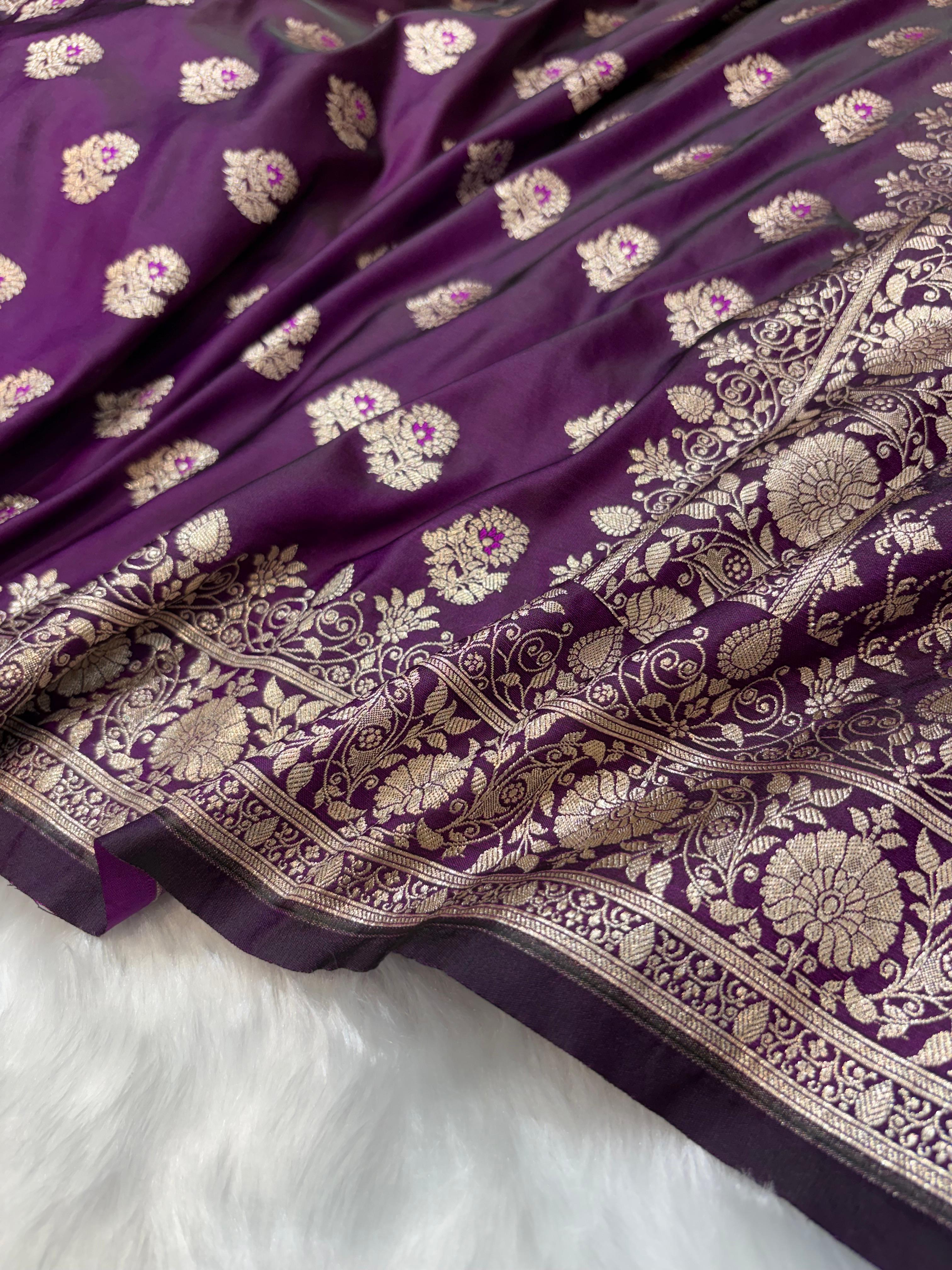 Minakari Wine Banarasi Boota Pattern Mashru Silk Saree