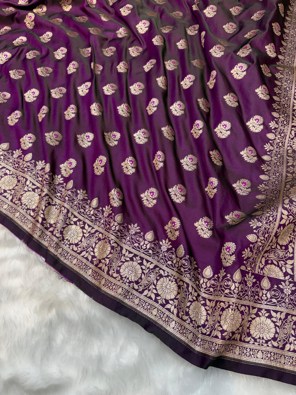 Minakari Wine Banarasi Boota Pattern Mashru Silk Saree