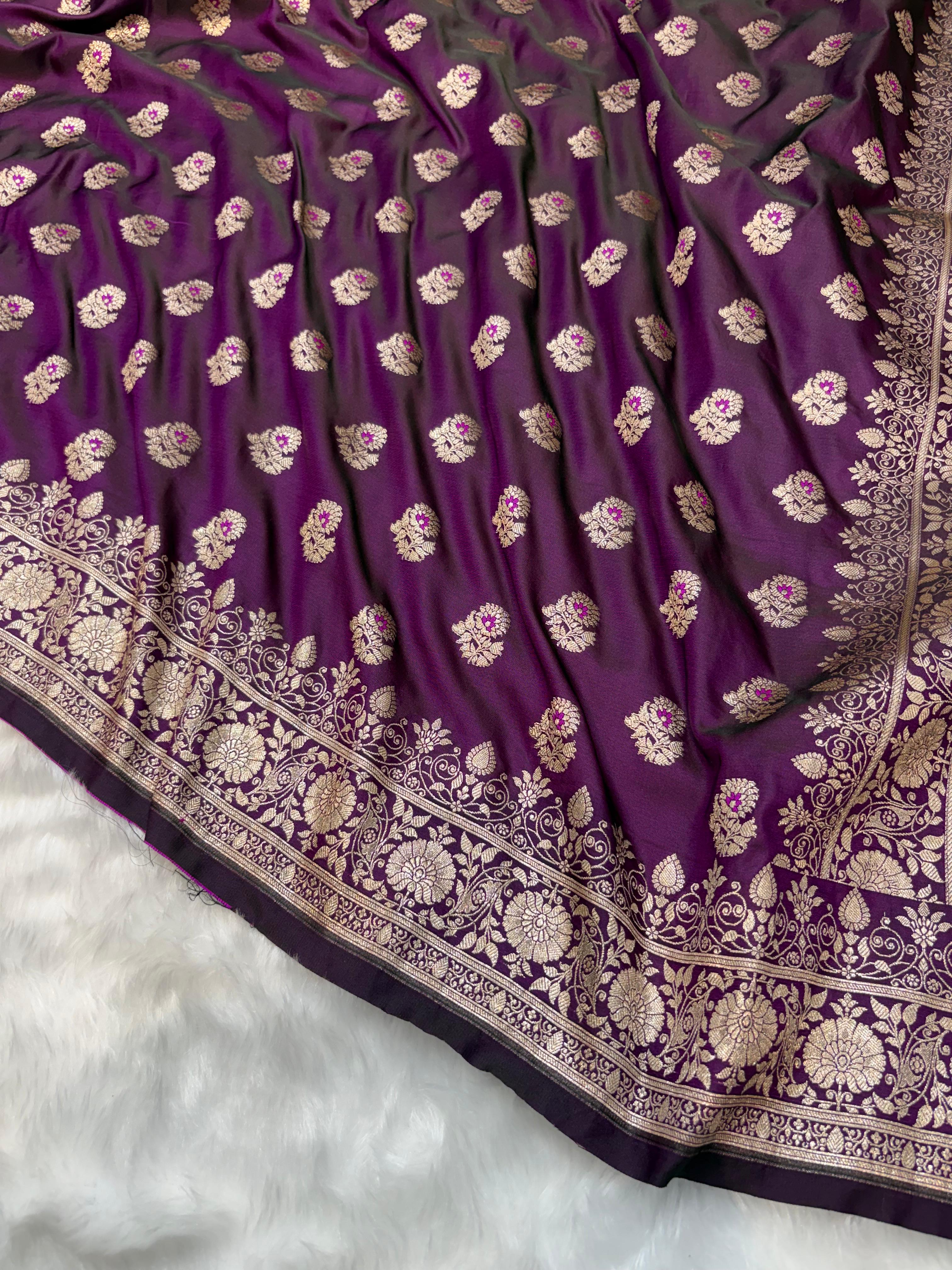 Minakari Wine Banarasi Boota Pattern Mashru Silk Saree