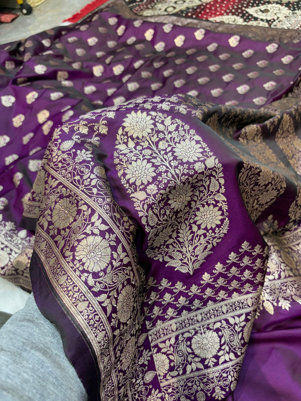 Minakari Wine Banarasi Boota Pattern Mashru Silk Saree